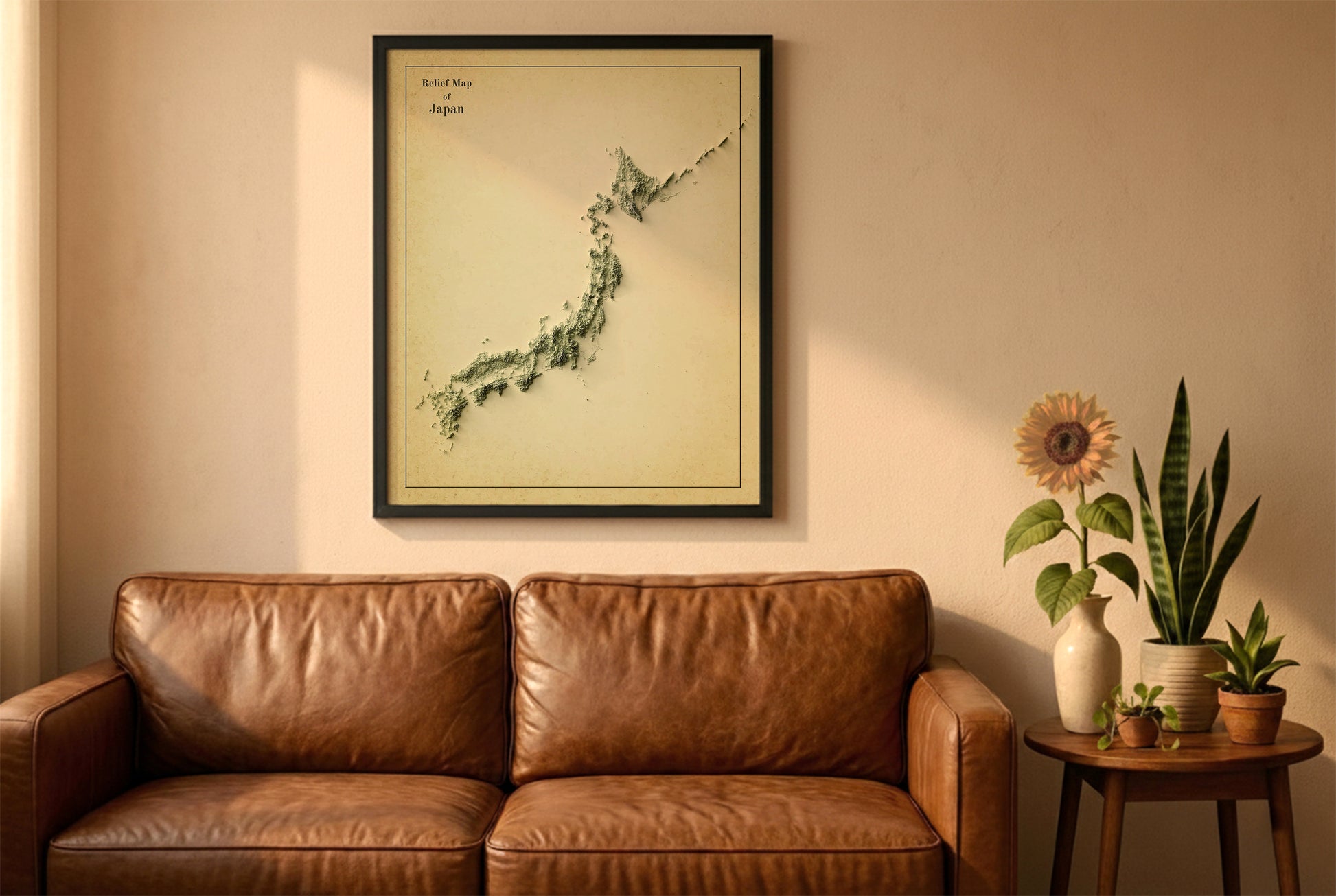 Japan vintage relief map in a black frame above a brown leather sofa. Boho living room with warm sunlight, sunflower, and indoor plants on a wooden side table