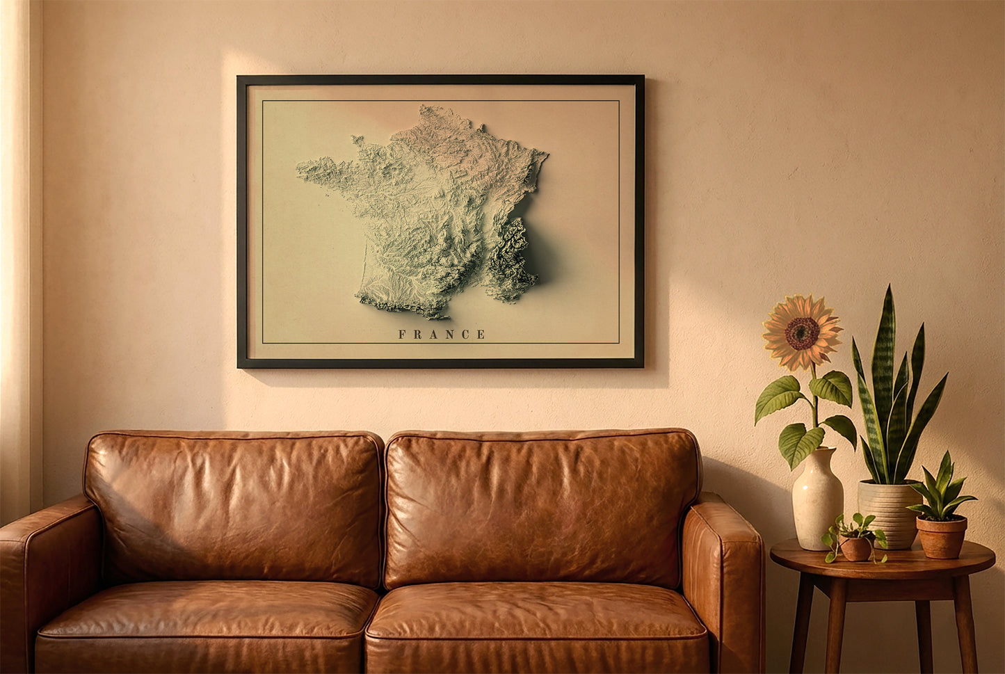 France vintage relief map in a black frame above a brown leather sofa. Boho living room with warm sunlight, sunflower, and indoor plants on a wooden side table