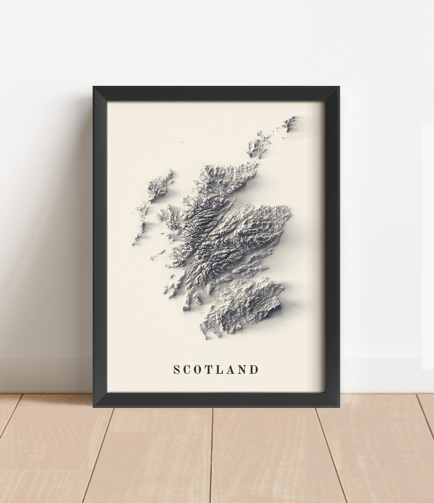 Scotland shaded relief map in black frame. Artistic print with realistic terrain effect for wall decor