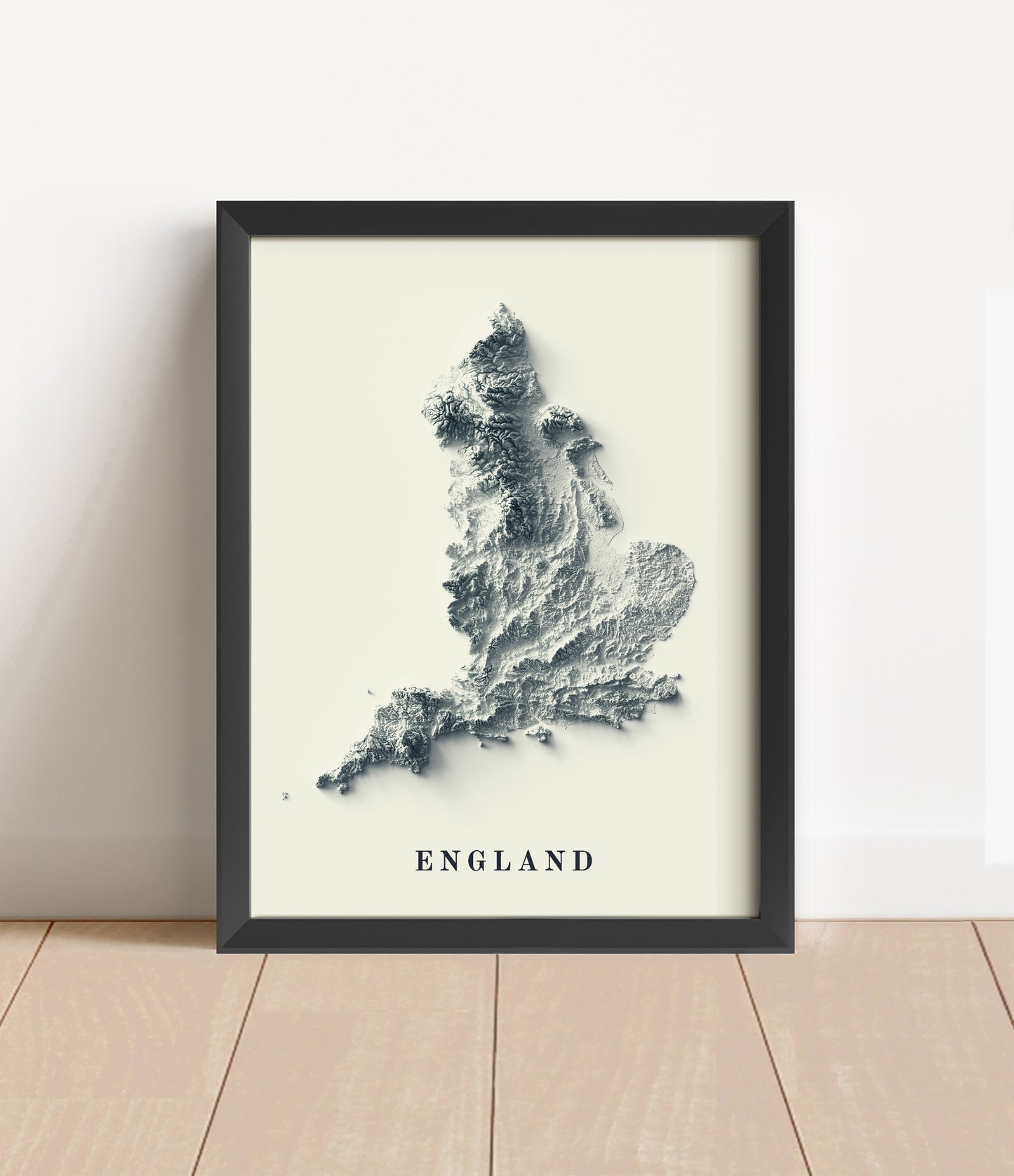 England shaded relief map in black frame. Artistic print with realistic terrain effect for wall decor