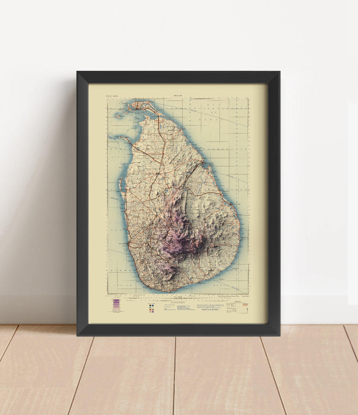 Vintage Sri Lanka shaded relief map in black frame. Artistic print with realistic terrain effect for wall decor