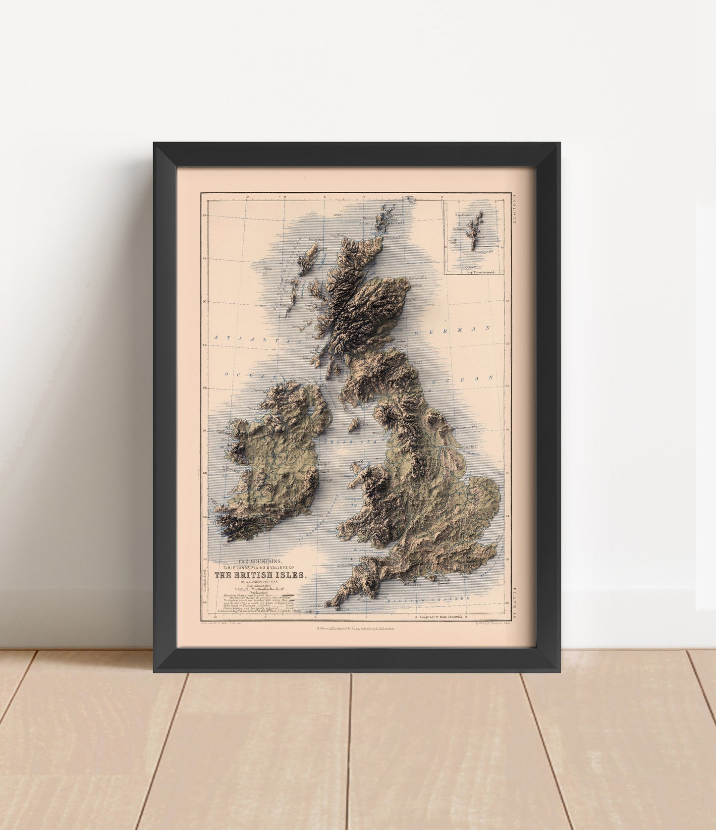 british isles vintage shaded relief map in black frame. Artistic print with realistic terrain effect for wall decor