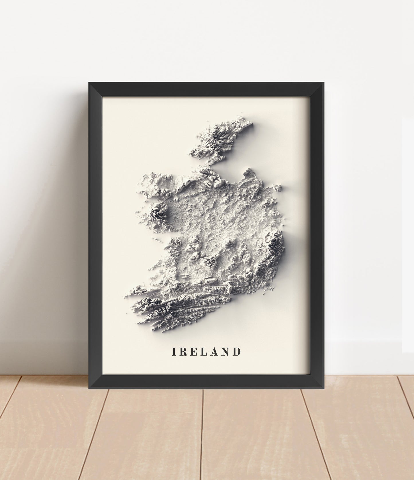 Ireland shaded relief map in black frame. Artistic print with realistic terrain effect for wall decor