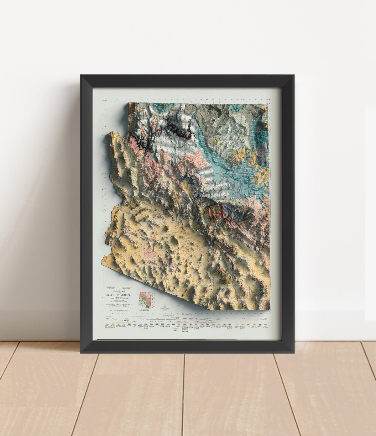 Vintage Arizona Geological shaded relief map in black frame. Artistic print with realistic terrain effect for wall decor