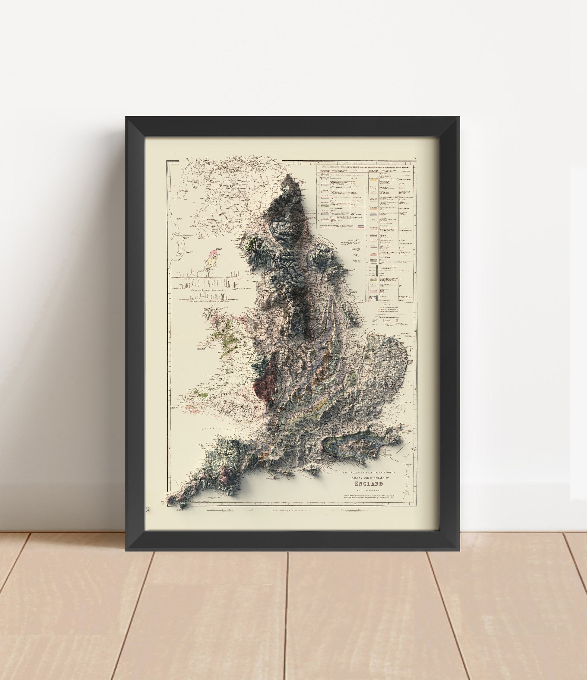 Vintage England shaded relief map in black frame. Artistic print with realistic terrain effect for wall decor