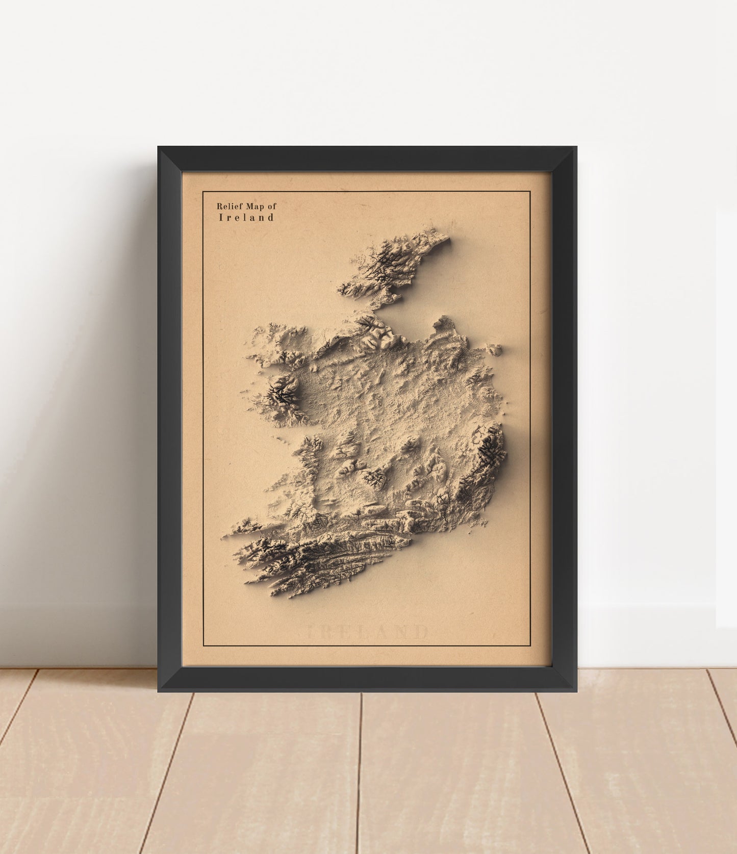 Ireland shaded relief map in black frame. Artistic print with realistic terrain effect for wall decor