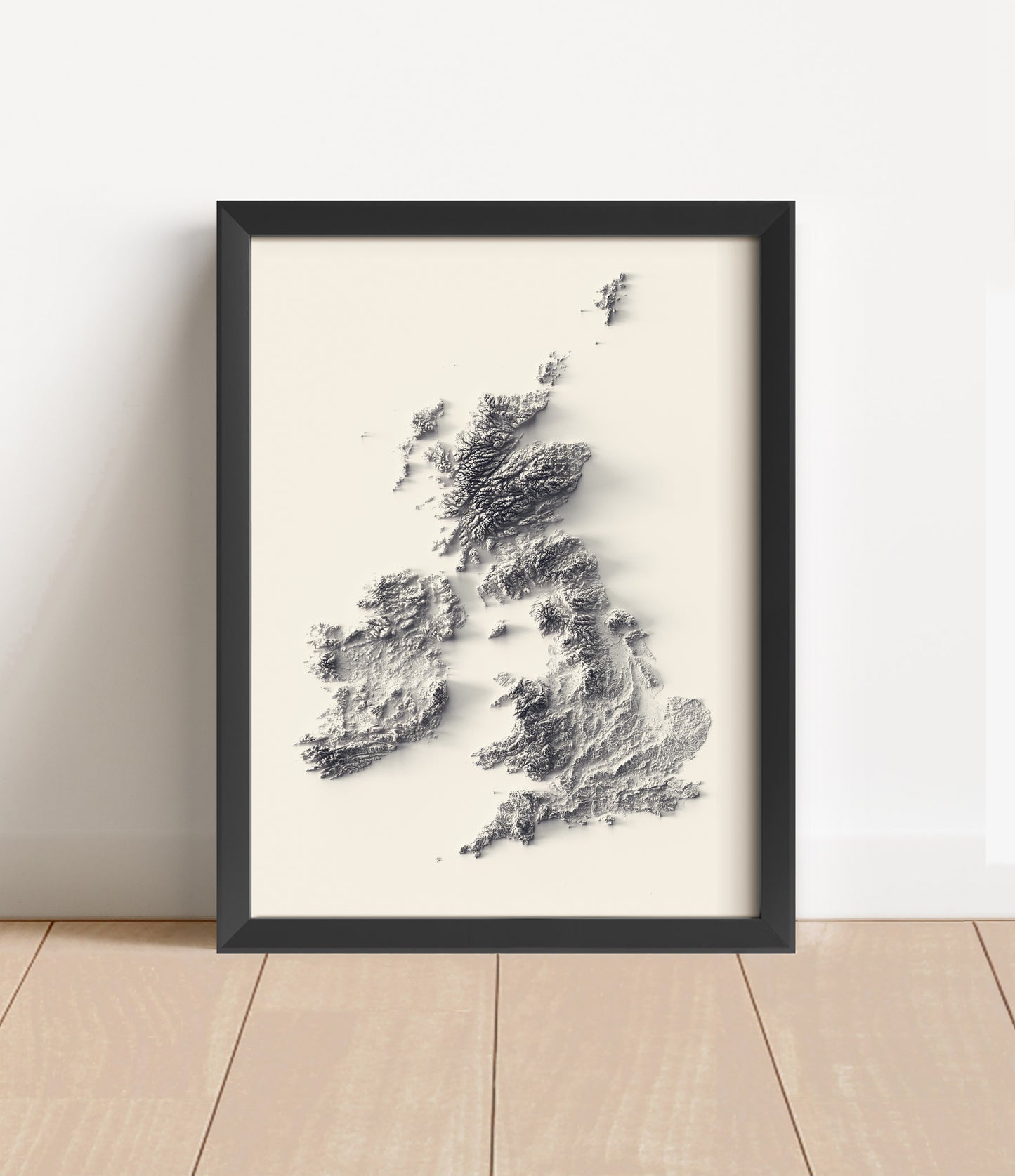 british isles shaded relief map in black frame. Artistic print with realistic terrain effect for wall decor