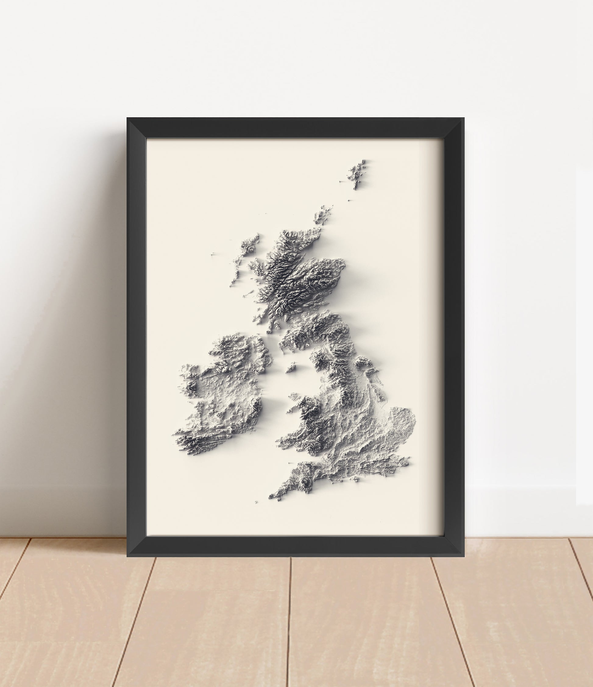 british isles shaded relief map in black frame. Artistic print with realistic terrain effect for wall decor