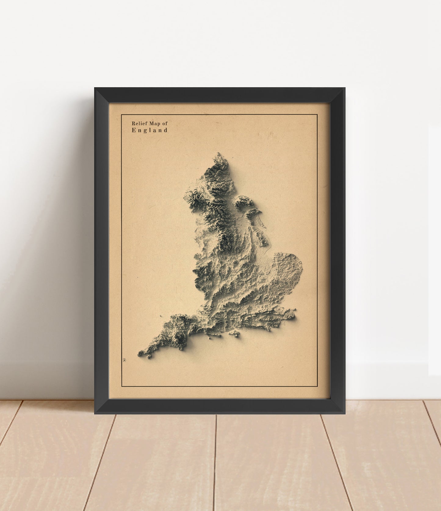 England shaded relief map in black frame. Artistic print with realistic terrain effect for wall decor