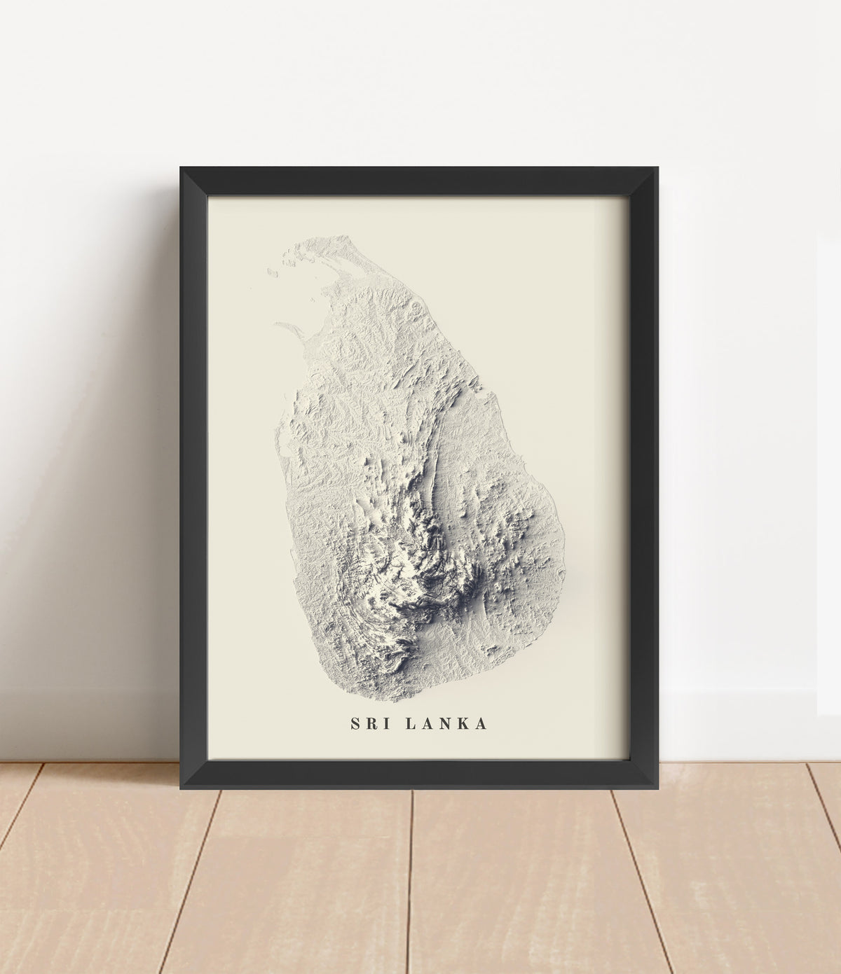 Sri Lanka shaded relief map in black frame. Artistic print with realistic terrain effect for wall decor