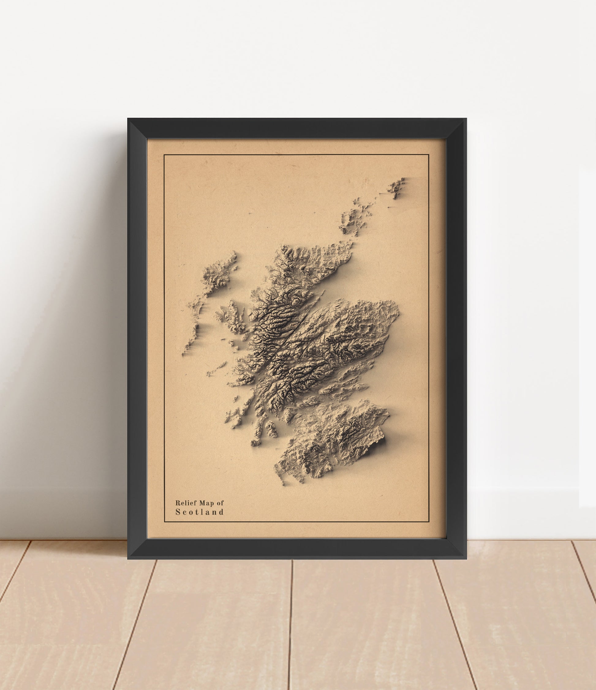 Scotland shaded relief map in black frame. Artistic print with realistic terrain effect for wall decor