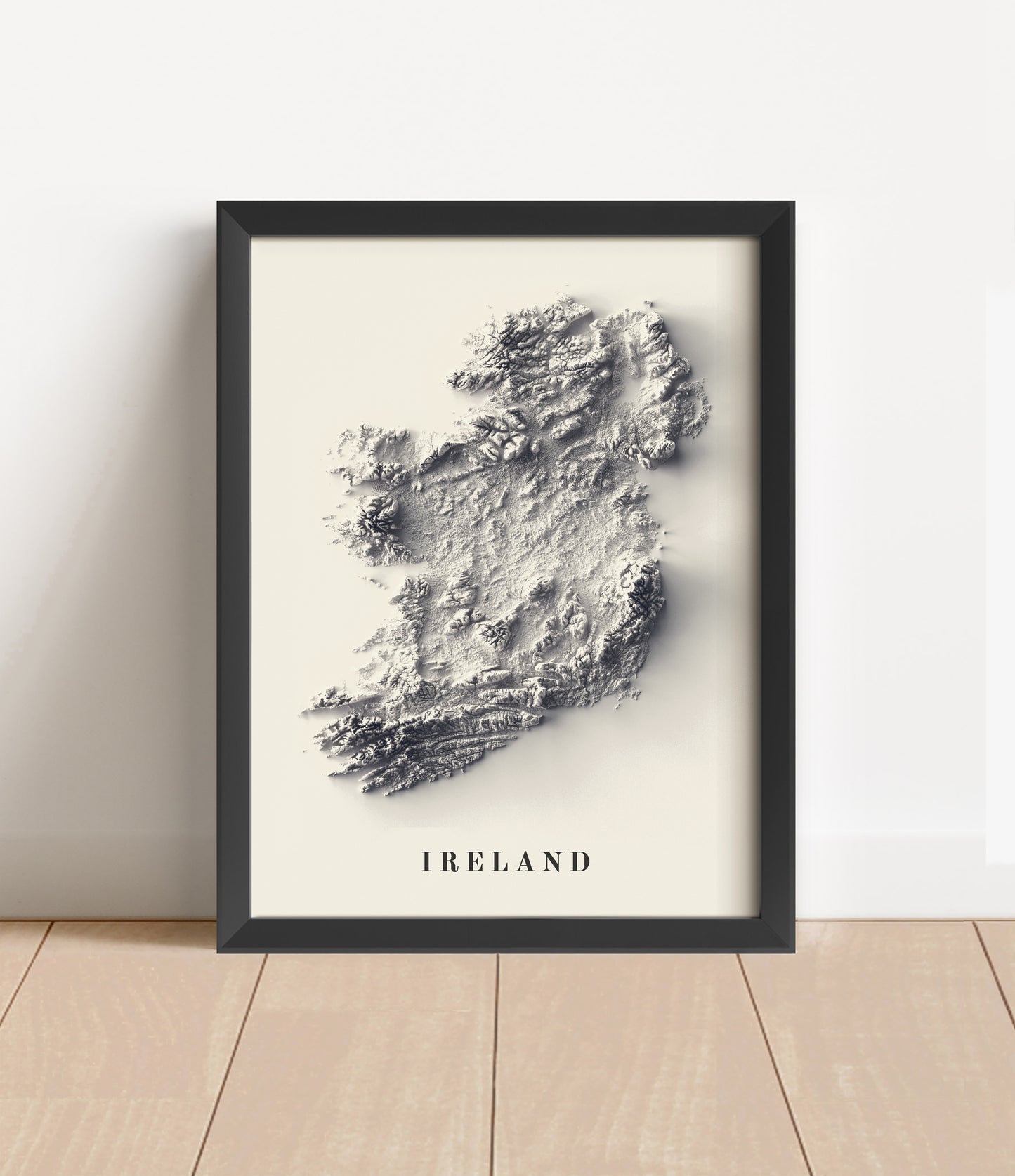 Ireland shaded relief map in black frame. Artistic print with realistic terrain effect for wall decor