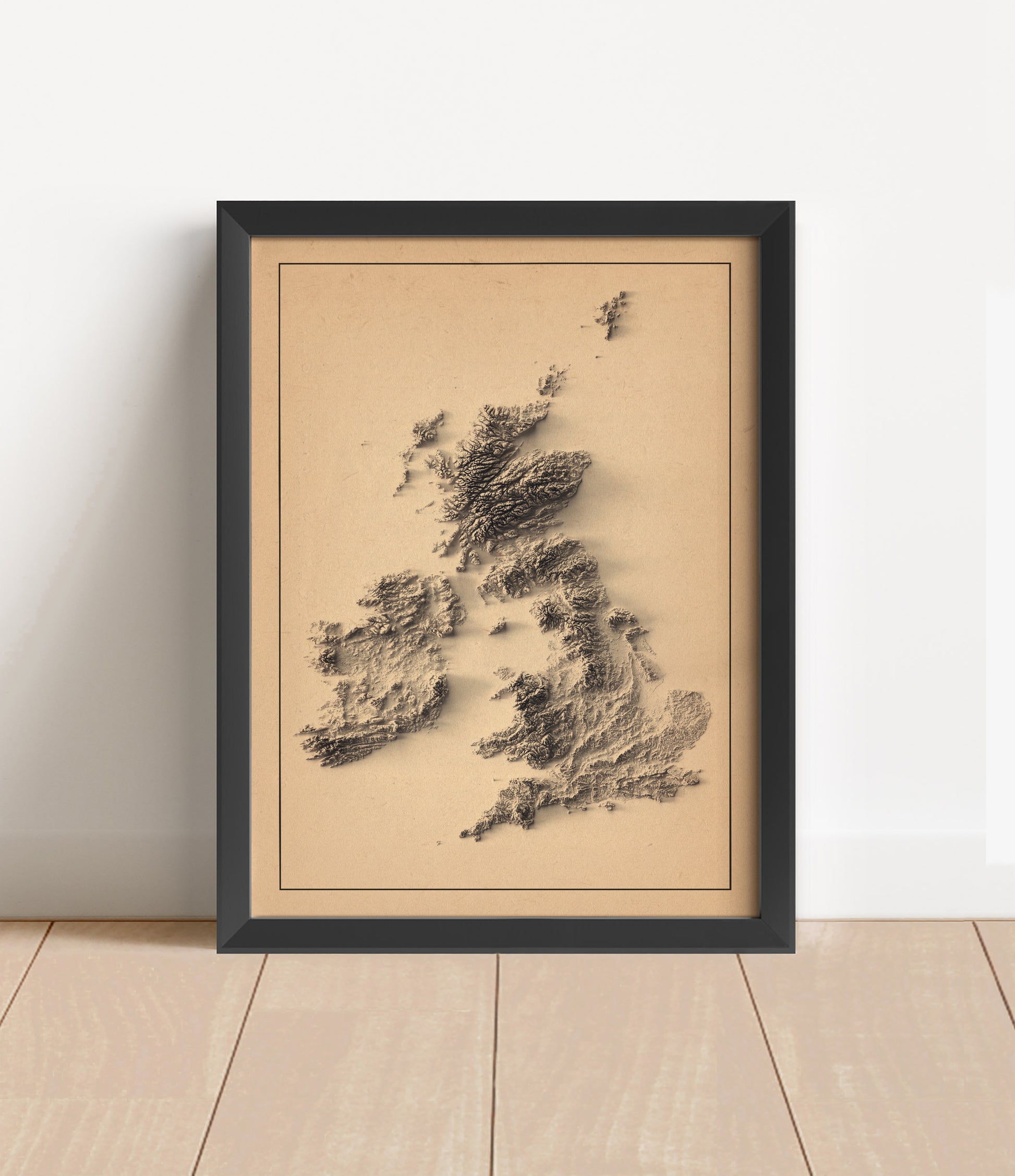 british isles shaded relief map in black frame. Artistic print with realistic terrain effect for wall decor