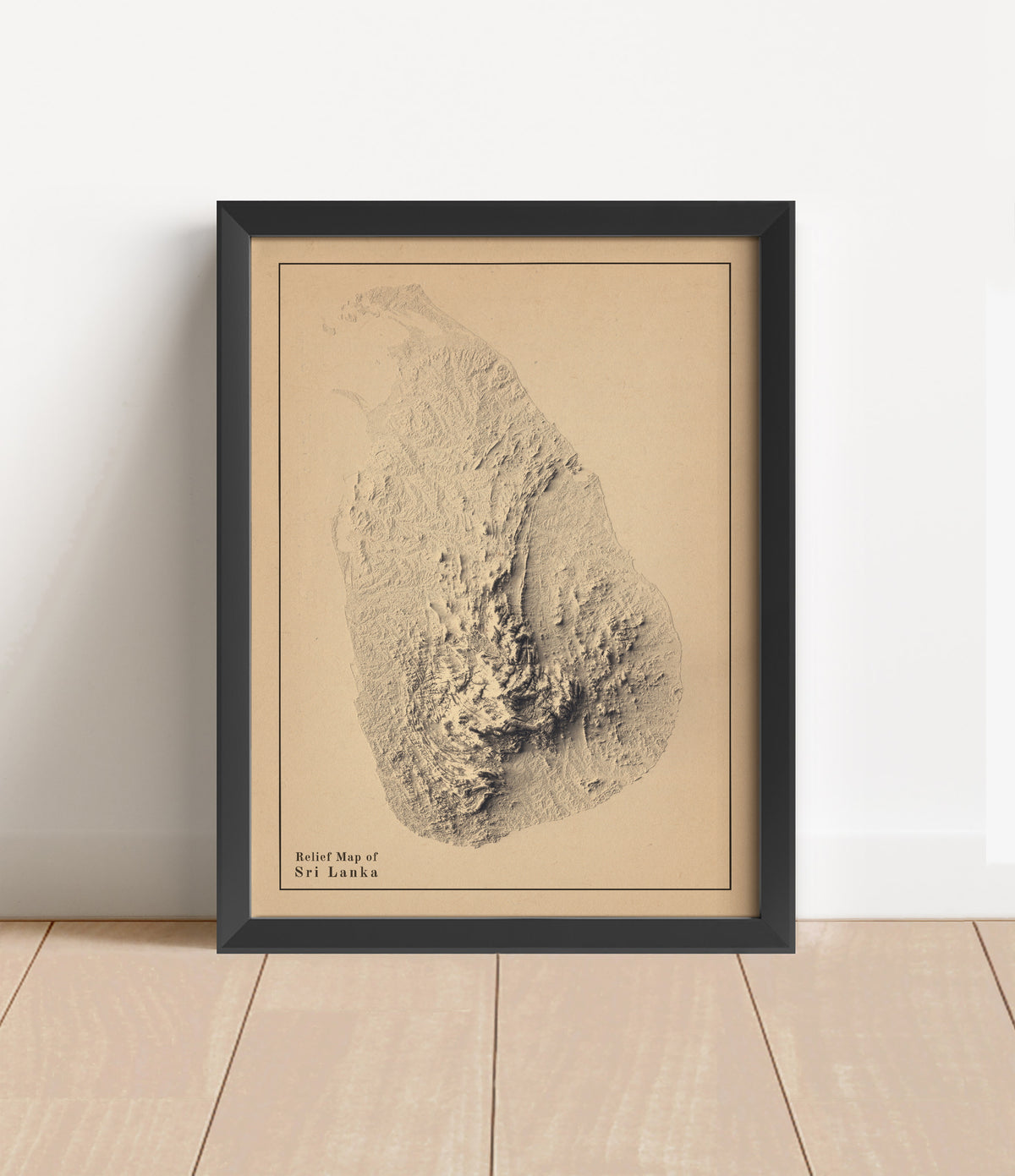 Vintage Sri Lanka shaded relief map in black frame. Artistic print with realistic terrain effect for wall decor