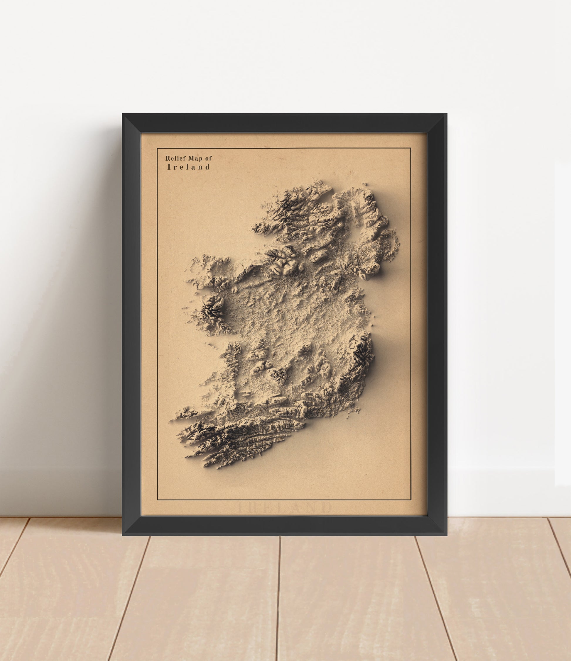 Ireland shaded relief map in black frame. Artistic print with realistic terrain effect for wall decor