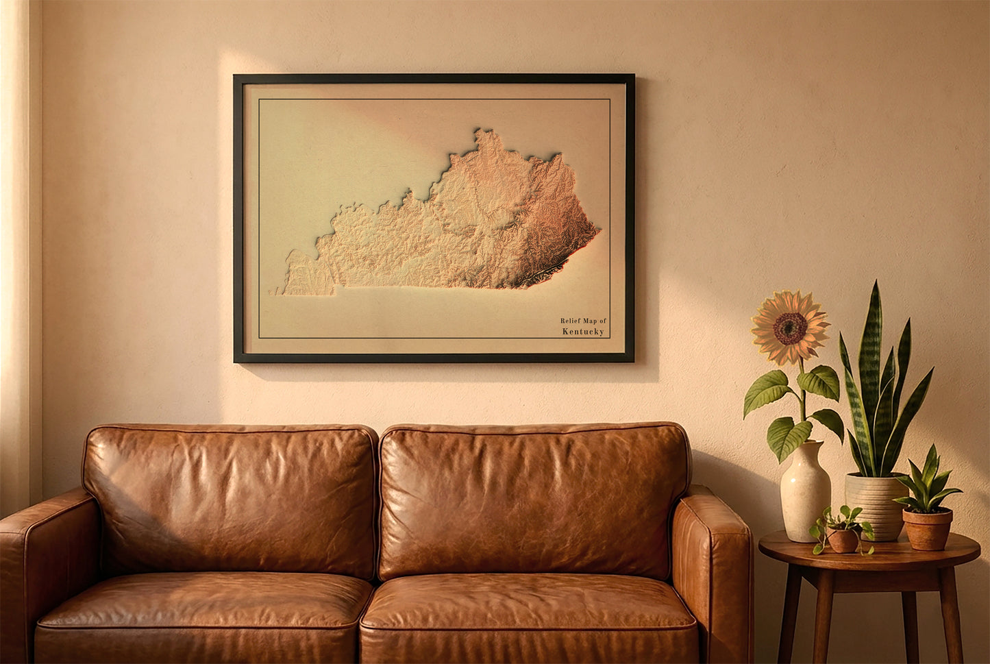 Kentucky vintage relief map in a black frame above a brown leather sofa. Boho living room with warm sunlight, sunflower, and indoor plants on a wooden side table