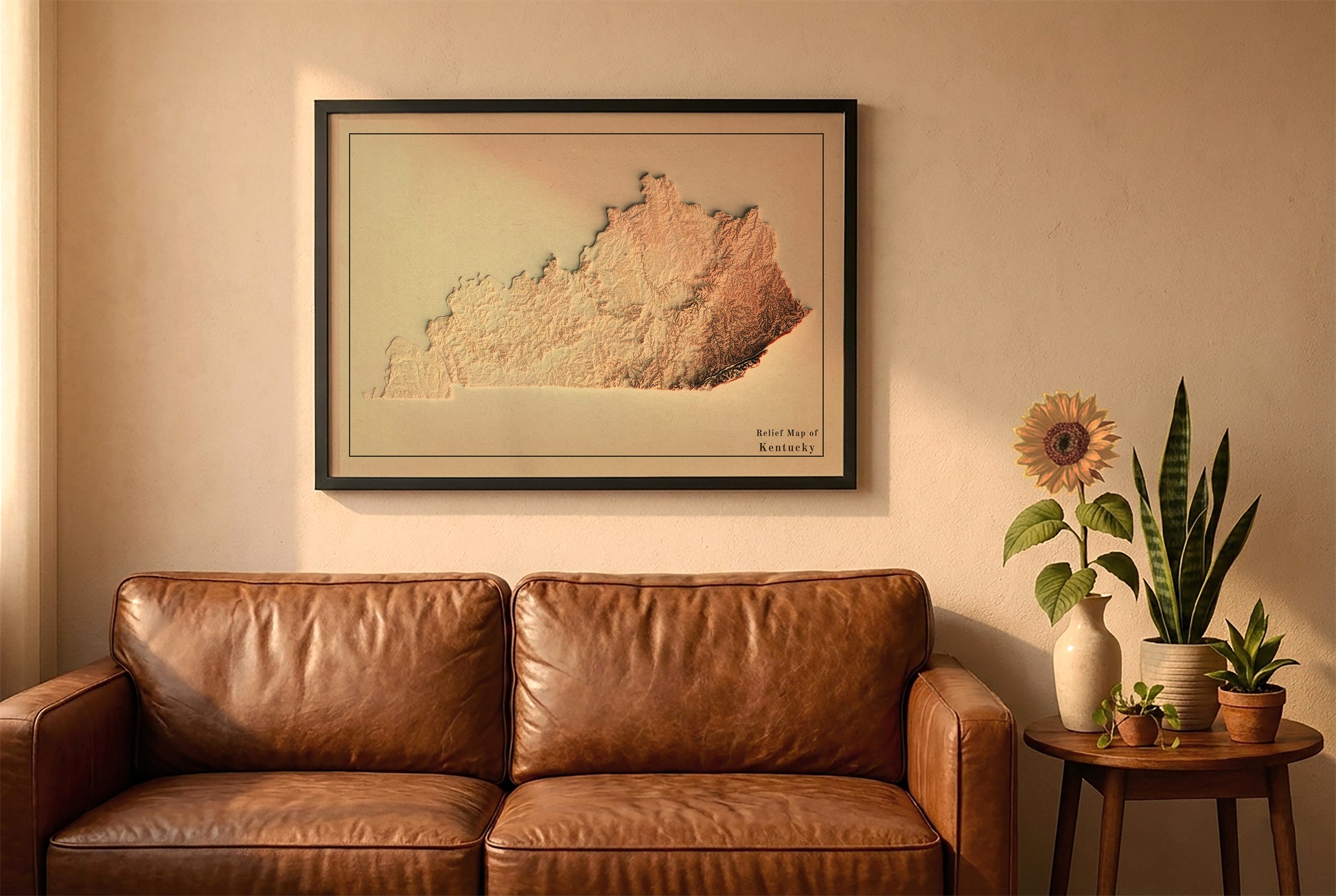 Kentucky vintage relief map in a black frame above a brown leather sofa. Boho living room with warm sunlight, sunflower, and indoor plants on a wooden side table