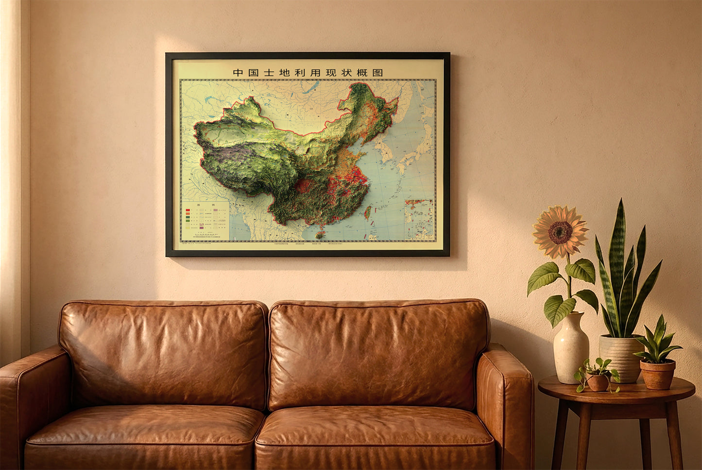 China vintage relief map in a black frame above a brown leather sofa. Boho living room with warm sunlight, sunflower, and indoor plants on a wooden side table