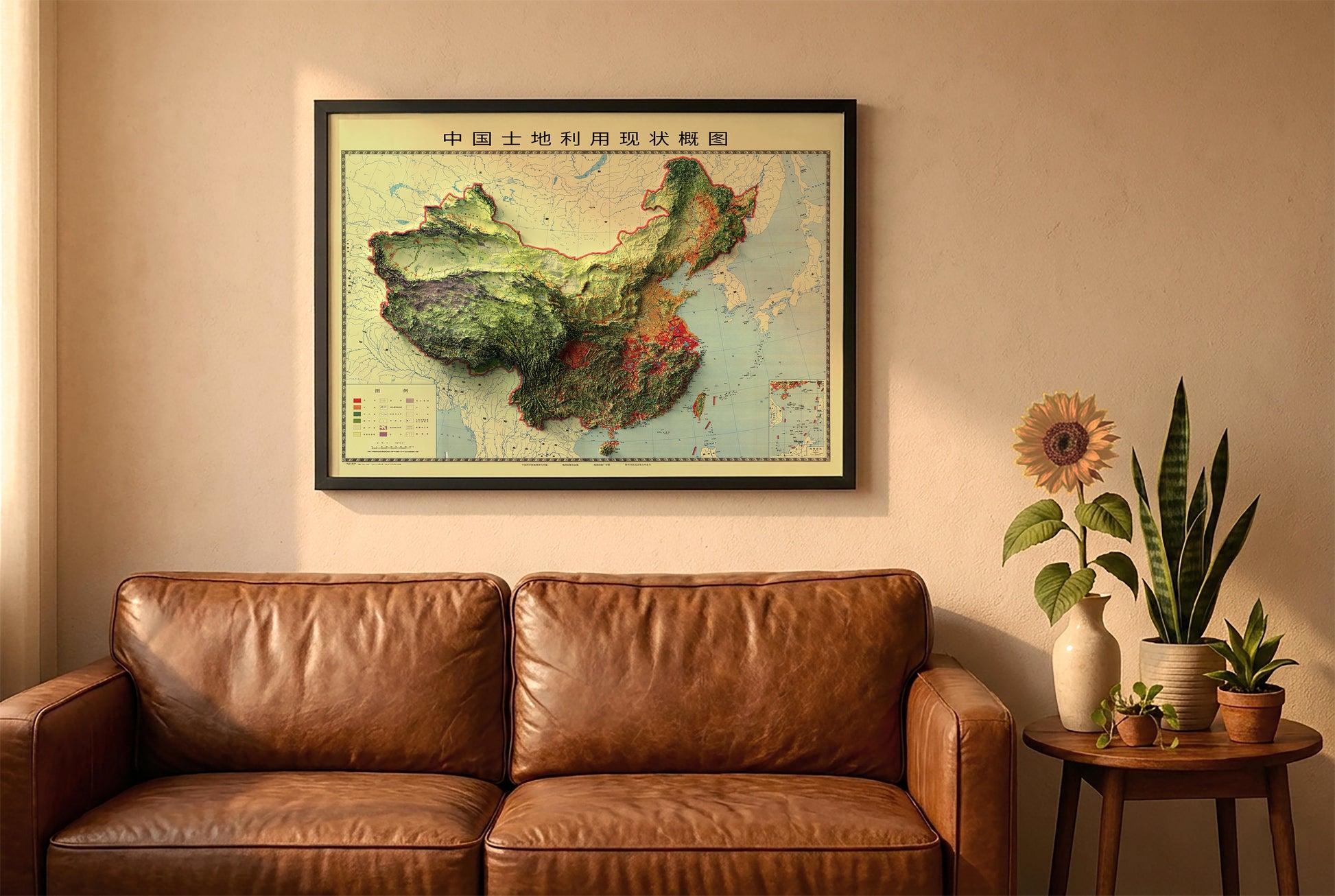 China vintage relief map in a black frame above a brown leather sofa. Boho living room with warm sunlight, sunflower, and indoor plants on a wooden side table