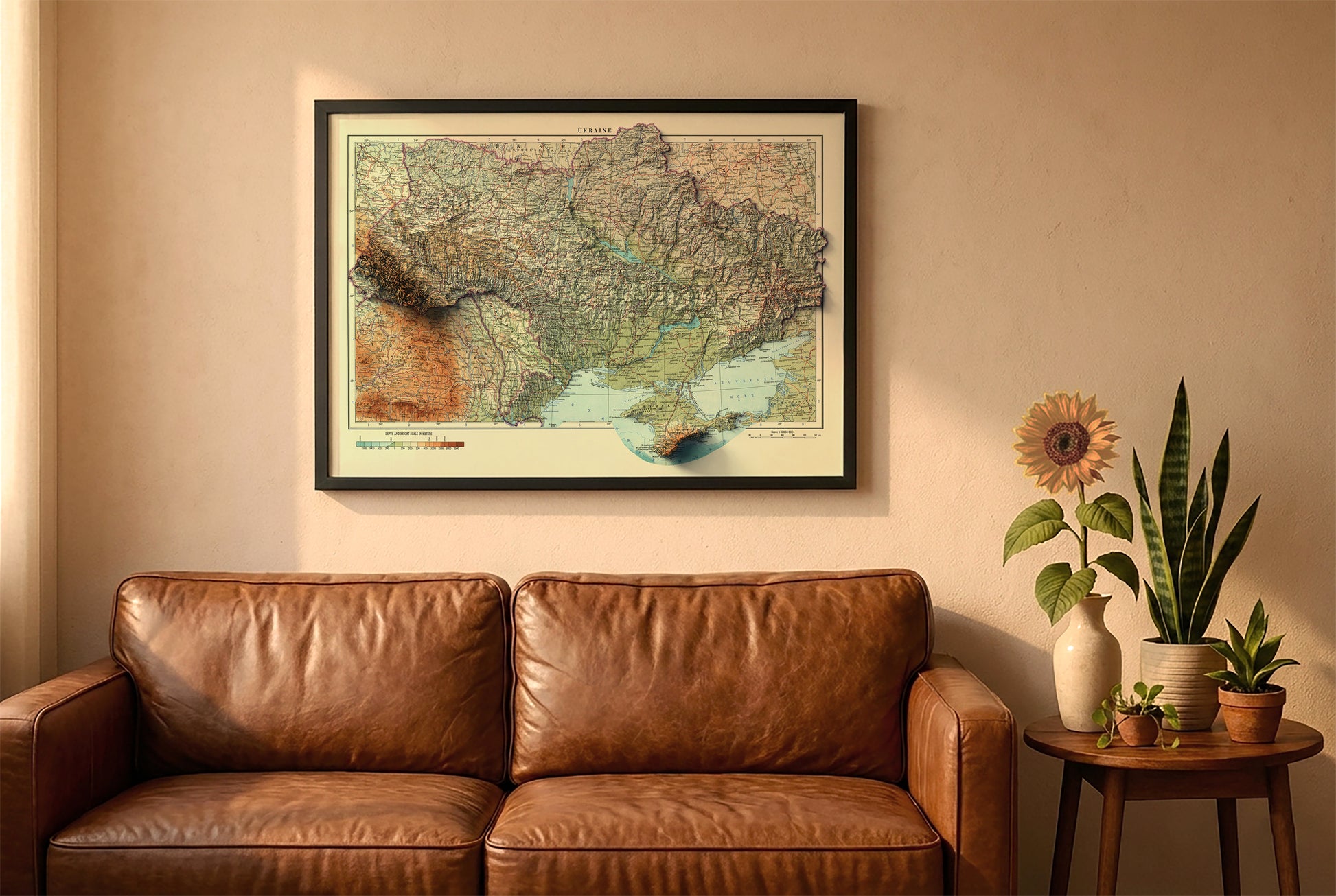 Ukraine vintage relief map in a black frame above a brown leather sofa. Boho living room with warm sunlight, sunflower, and indoor plants on a wooden side table