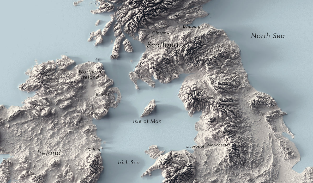 British Isles Labeled Ocean Relief Map | Countries, Capitals, Oceans & Islands | UK Minimalist Map (Cópia)