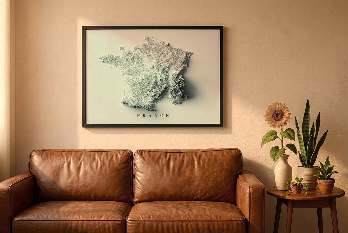 France relief map in a black frame above a brown leather sofa. Boho living room with warm sunlight, sunflower, and indoor plants on a wooden side table