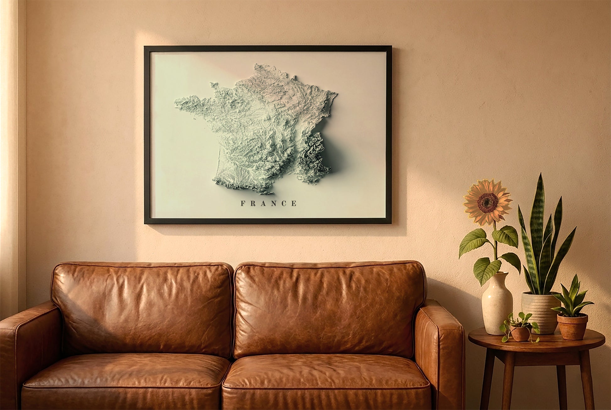 France relief map in a black frame above a brown leather sofa. Boho living room with warm sunlight, sunflower, and indoor plants on a wooden side table