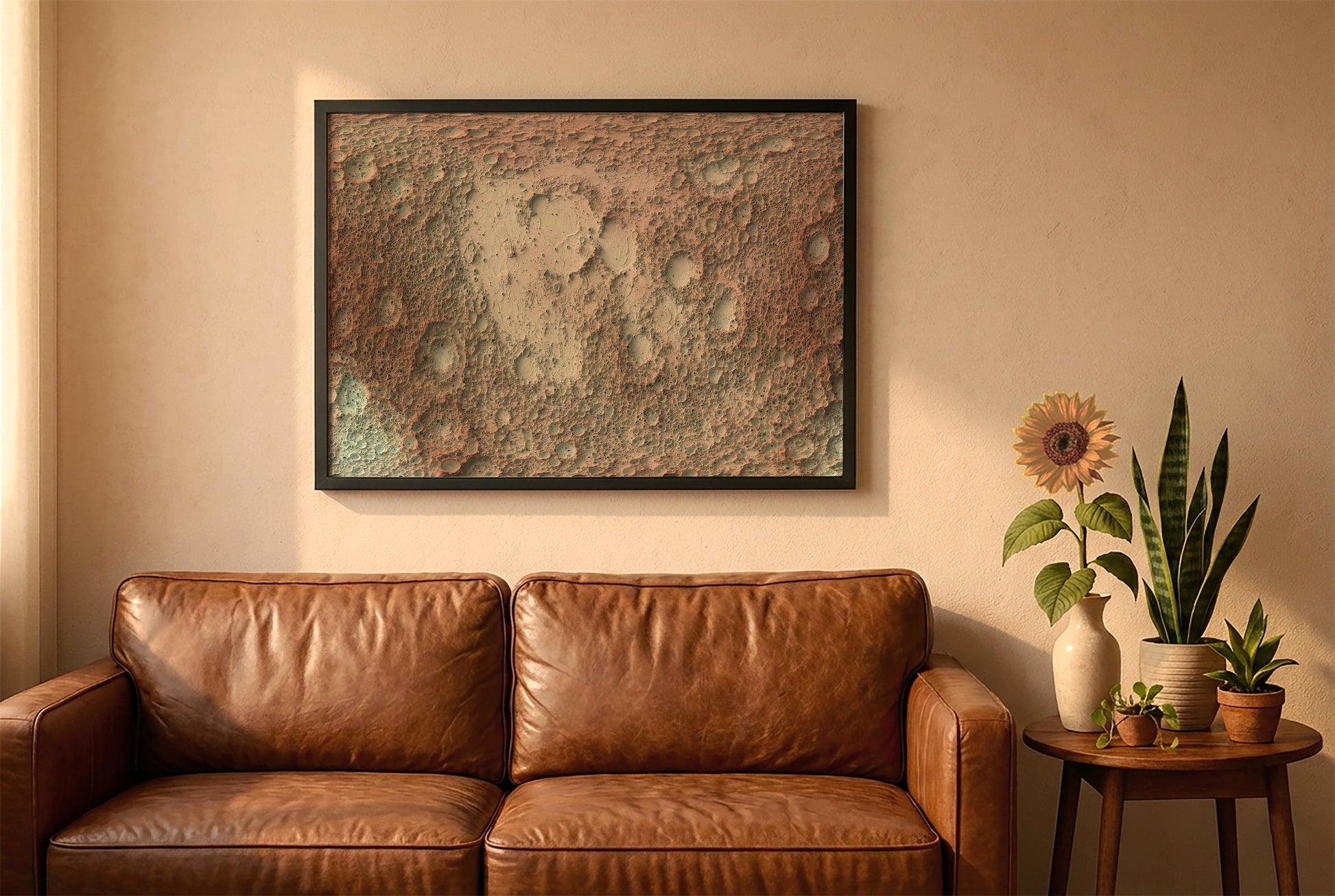 Moon relief map in a black frame above a brown leather sofa. Boho living room with warm sunlight, sunflower, and indoor plants on a wooden side table