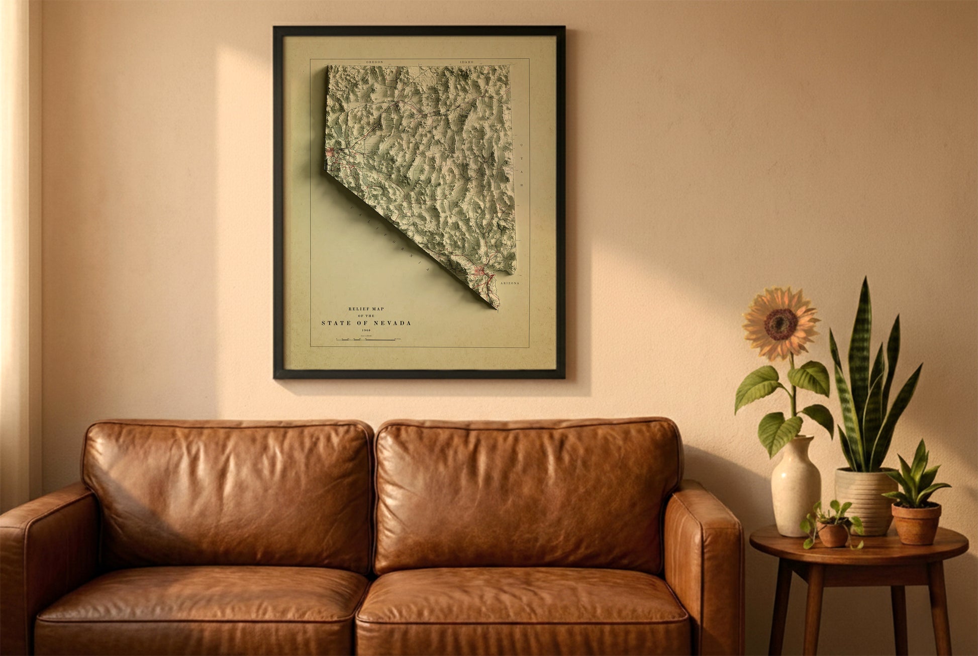 Nevada vintage relief map in a black frame above a brown leather sofa. Boho living room with warm sunlight, sunflower, and indoor plants on a wooden side table