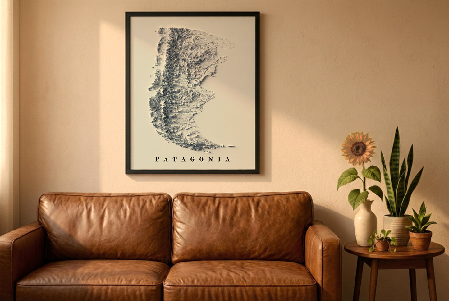 Patagonia relief map in a black frame above a brown leather sofa. Boho living room with warm sunlight, sunflower, and indoor plants on a wooden side table