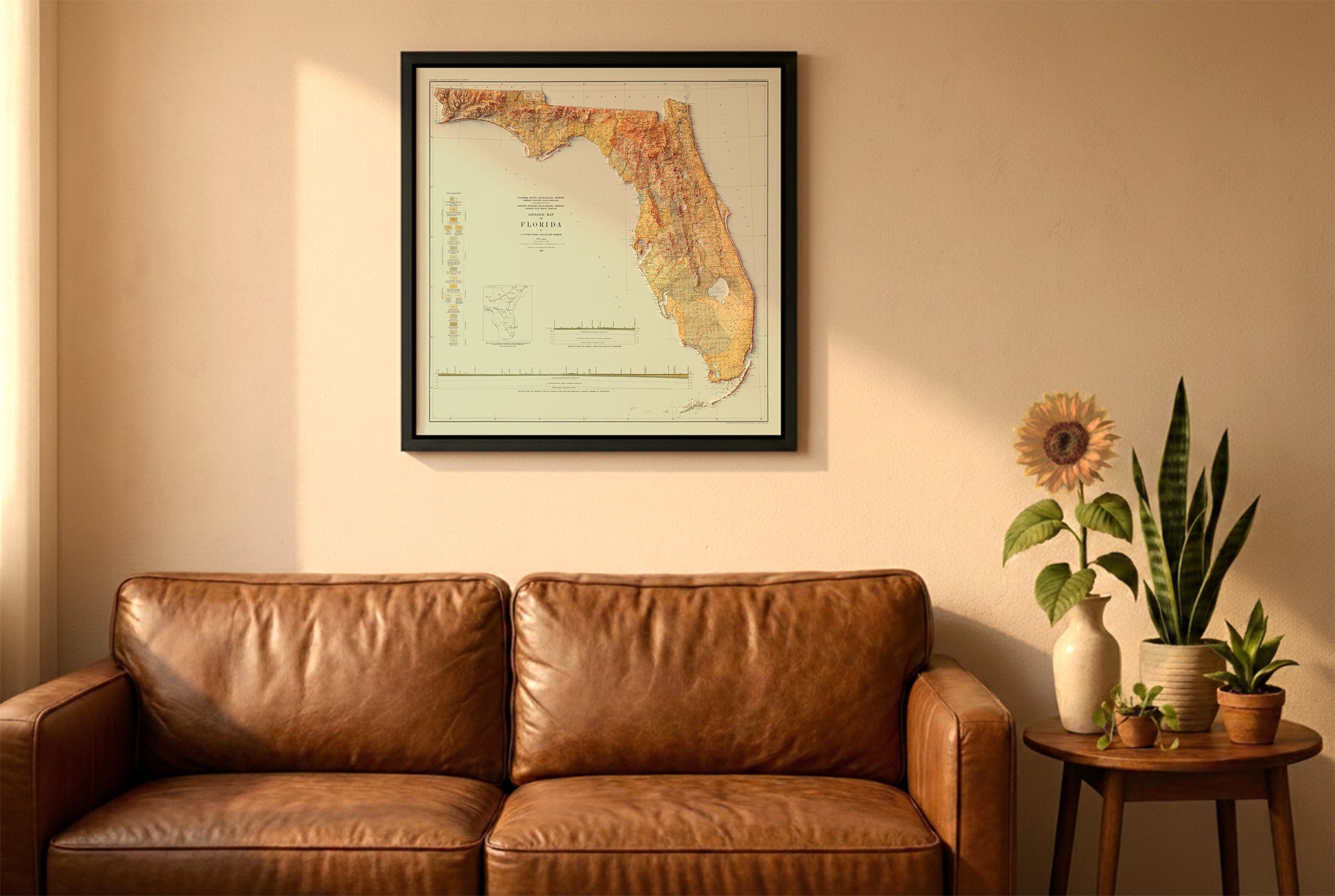 Florida vintage relief map in a black frame above a brown leather sofa. Boho living room with warm sunlight, sunflower, and indoor plants on a wooden side table