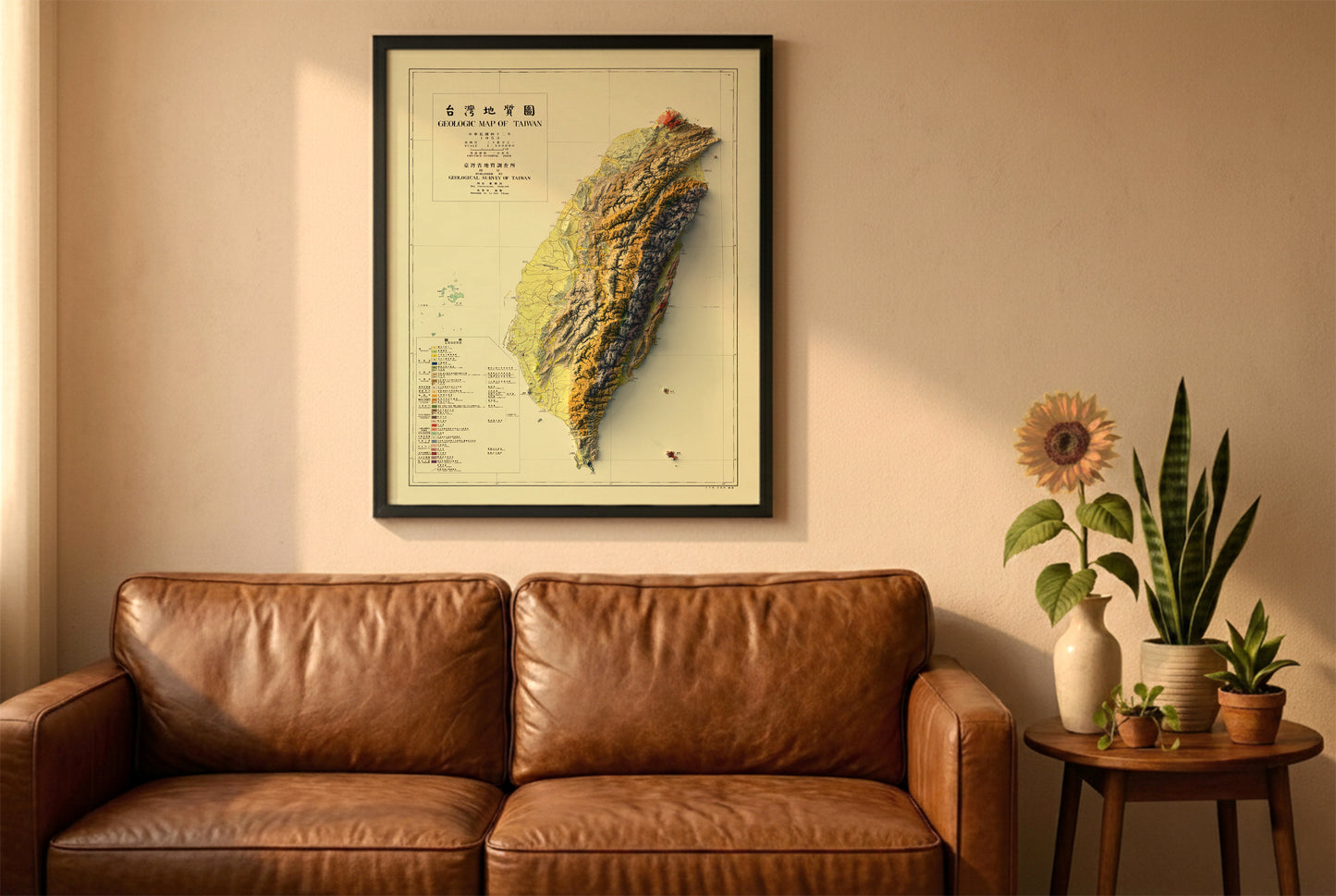 Taiwan vintage relief map in a black frame above a brown leather sofa. Boho living room with warm sunlight, sunflower, and indoor plants on a wooden side table