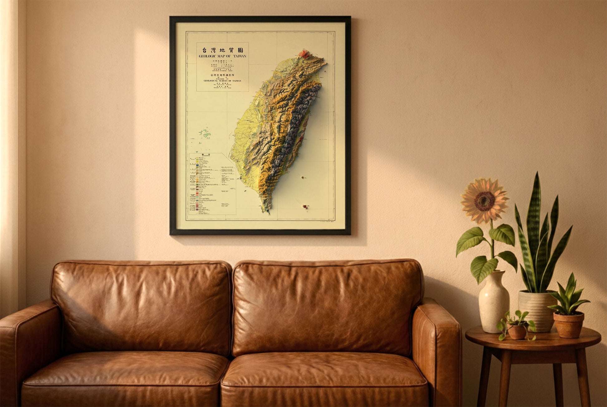 Taiwan vintage relief map in a black frame above a brown leather sofa. Boho living room with warm sunlight, sunflower, and indoor plants on a wooden side table
