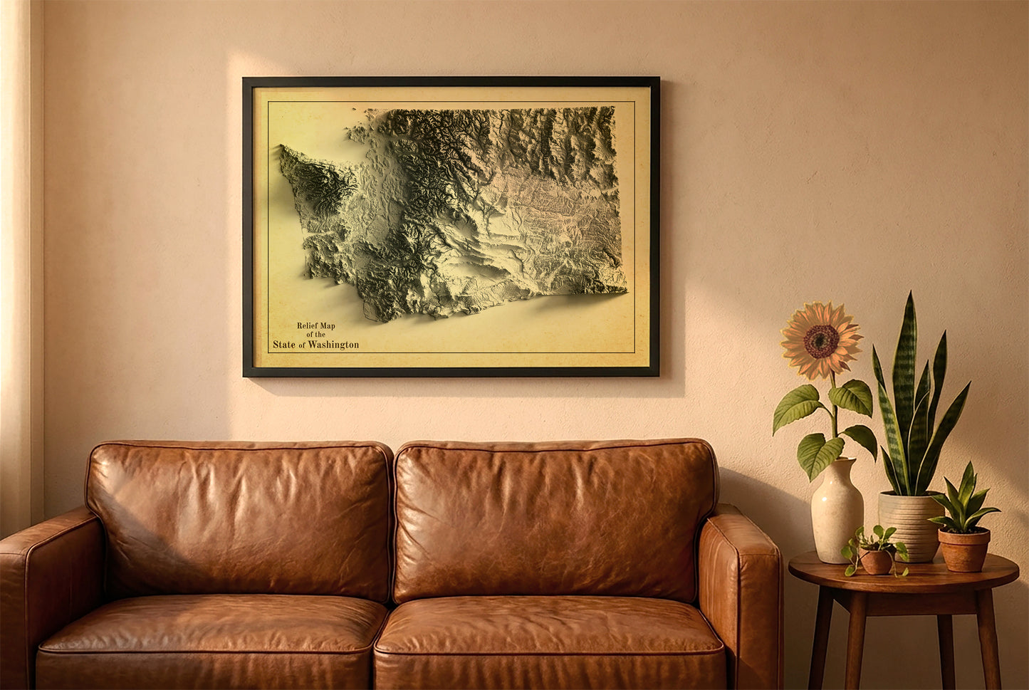 Washington vintage relief map in a black frame above a brown leather sofa. Boho living room with warm sunlight, sunflower, and indoor plants on a wooden side table