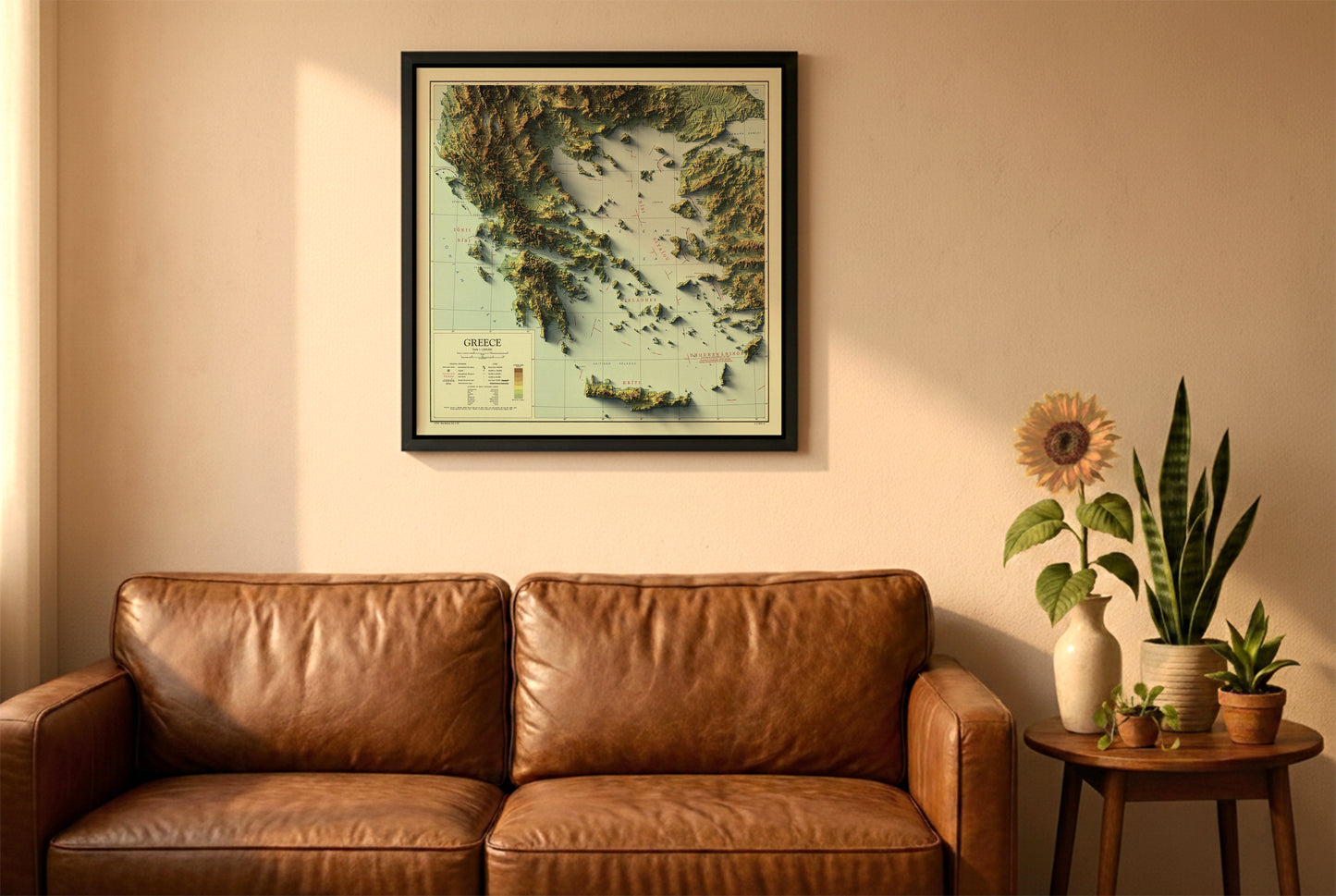 Greece vintage relief map in a black frame above a brown leather sofa. Boho living room with warm sunlight, sunflower, and indoor plants on a wooden side table