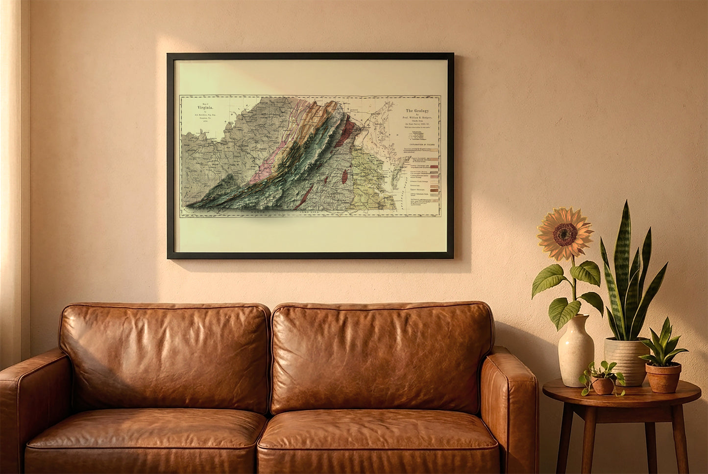 Virginia vintage relief map in a black frame above a brown leather sofa. Boho living room with warm sunlight, sunflower, and indoor plants on a wooden side table