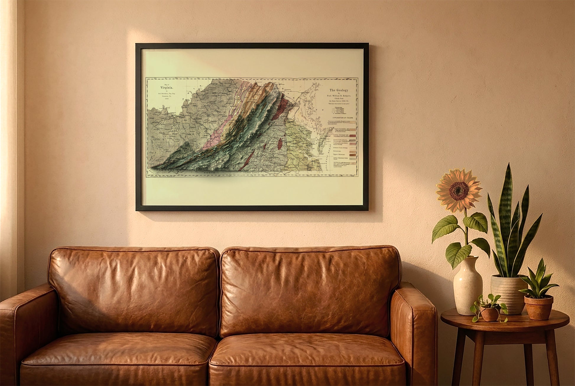 Virginia vintage relief map in a black frame above a brown leather sofa. Boho living room with warm sunlight, sunflower, and indoor plants on a wooden side table