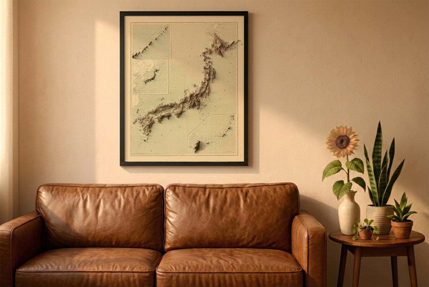 Japan vintage relief map in a black frame above a brown leather sofa. Boho living room with warm sunlight, sunflower, and indoor plants on a wooden side table