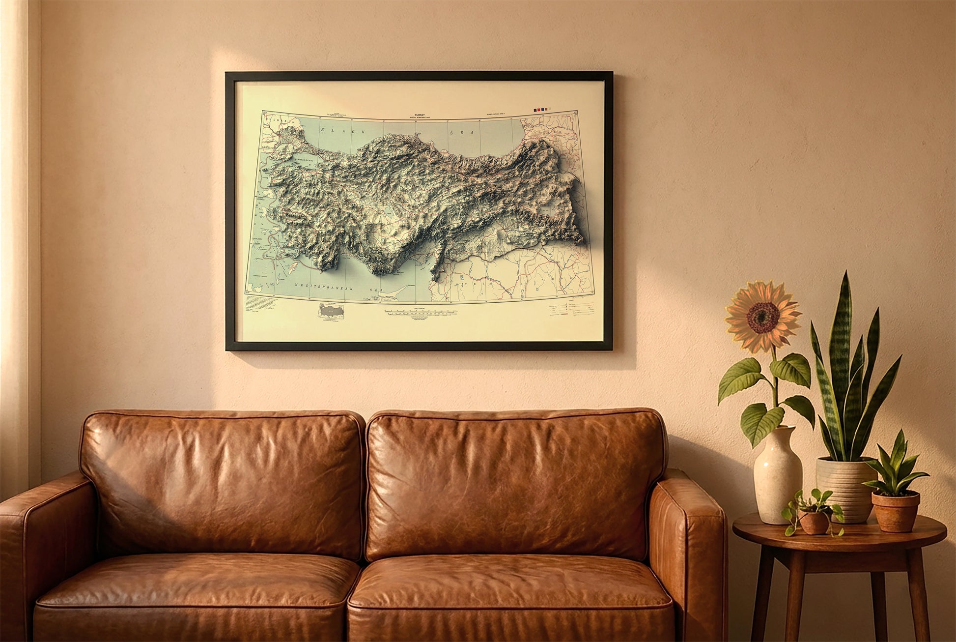 Turkey vintage relief map in a black frame above a brown leather sofa. Boho living room with warm sunlight, sunflower, and indoor plants on a wooden side table