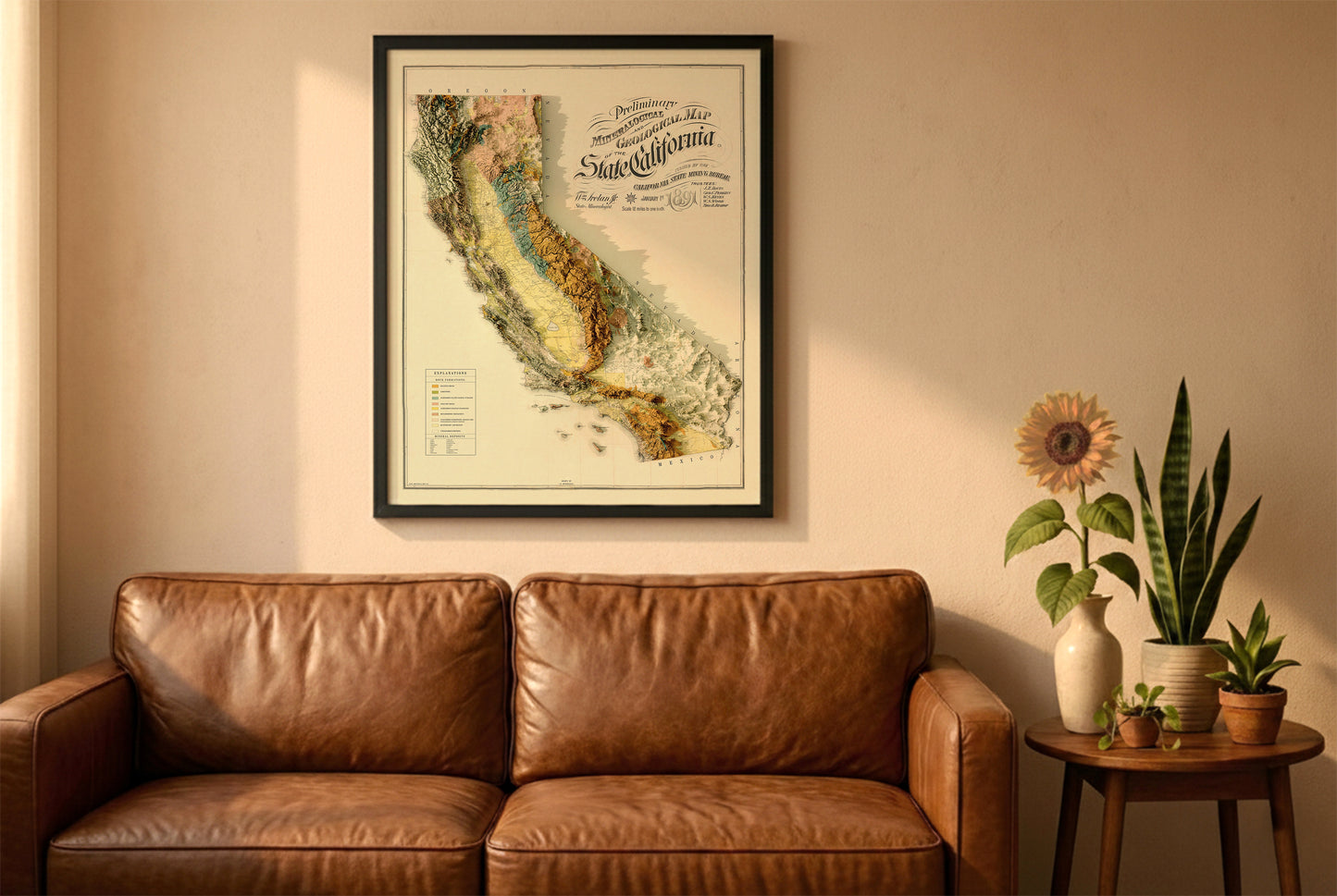 California vintage relief map in a black frame above a brown leather sofa. Boho living room with warm sunlight, sunflower, and indoor plants on a wooden side table