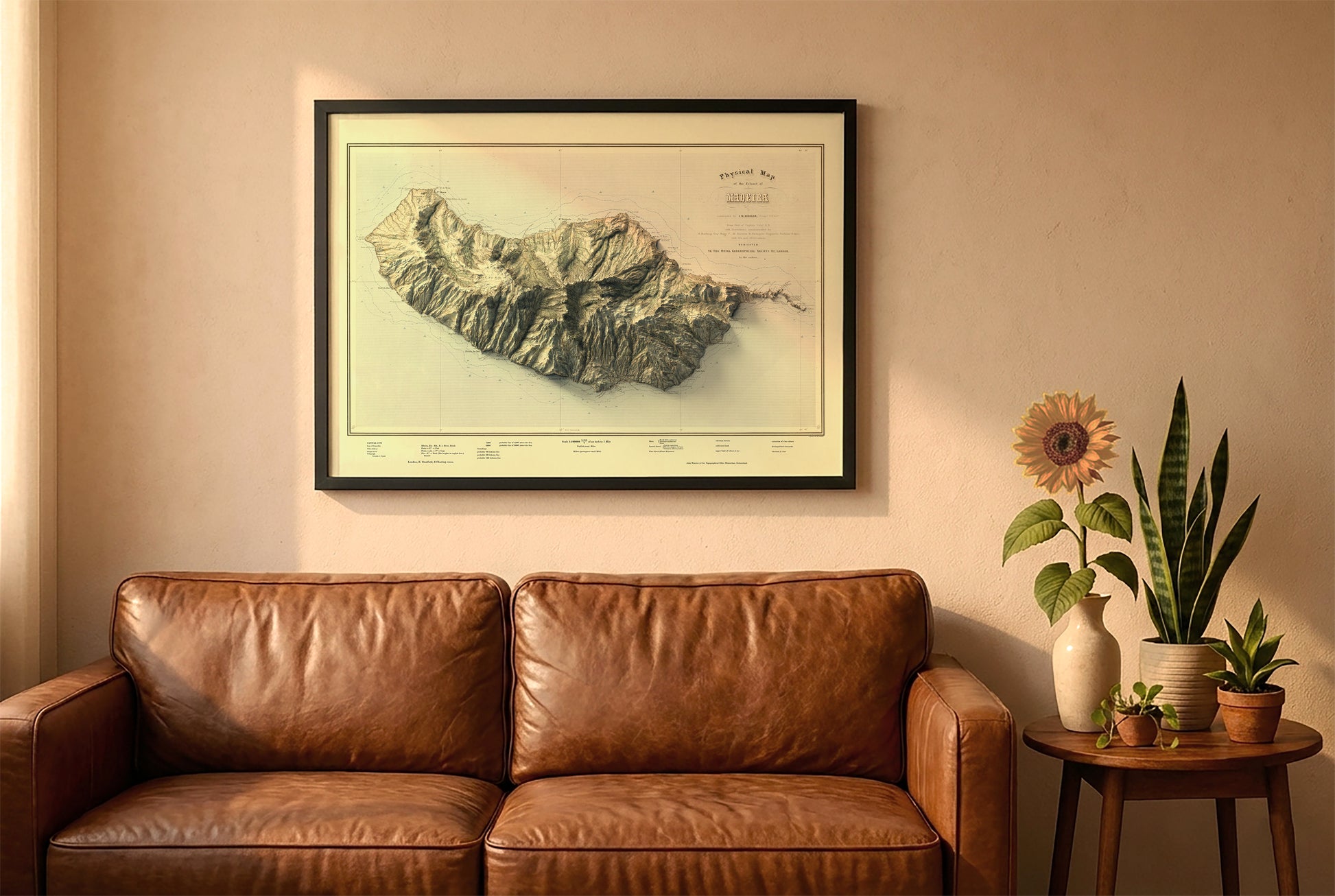 Madeira Island, Portugal, vintage relief map in a black frame above a brown leather sofa. Boho living room with warm sunlight, sunflower, and indoor plants on a wooden side table