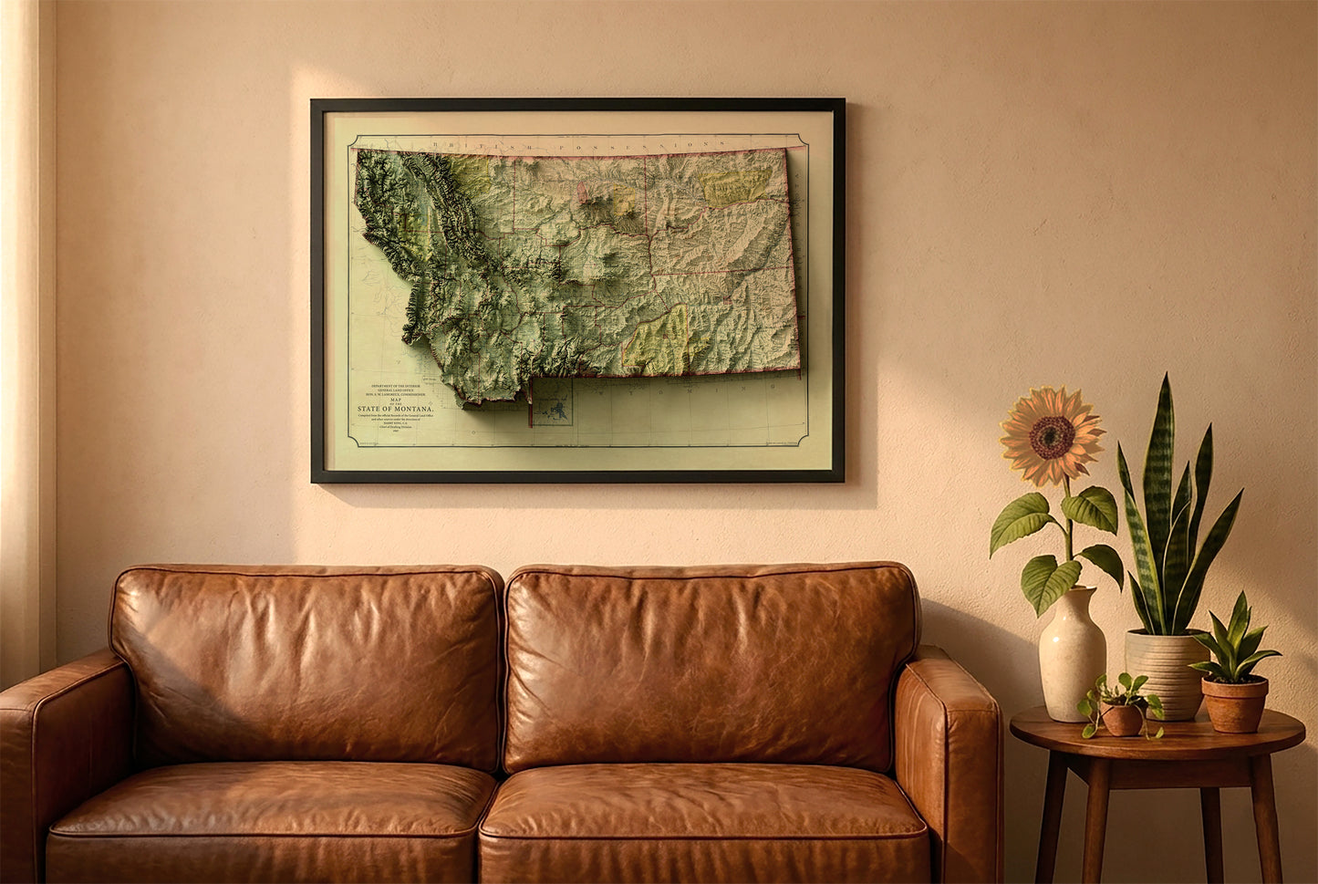 Montana vintage relief map in a black frame above a brown leather sofa. Boho living room with warm sunlight, sunflower, and indoor plants on a wooden side table