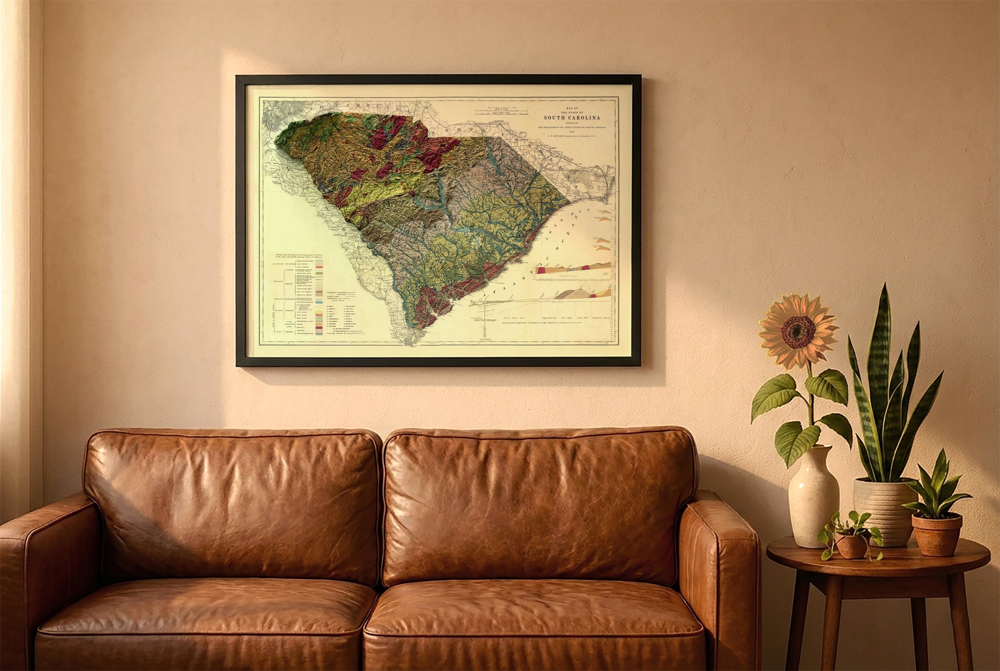 South Carolina vintage relief map in a black frame above a brown leather sofa. Boho living room with warm sunlight, sunflower, and indoor plants on a wooden side table