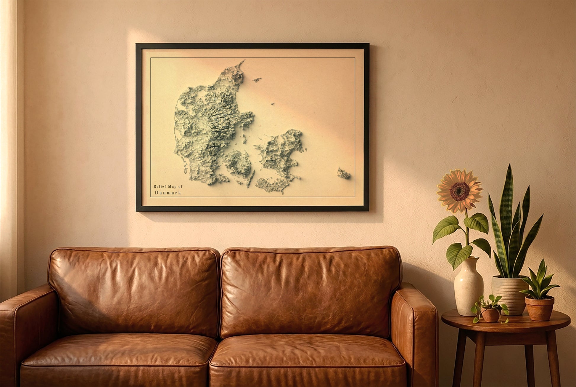 Denmark vintage relief map in a black frame above a brown leather sofa. Boho living room with warm sunlight, sunflower, and indoor plants on a wooden side table