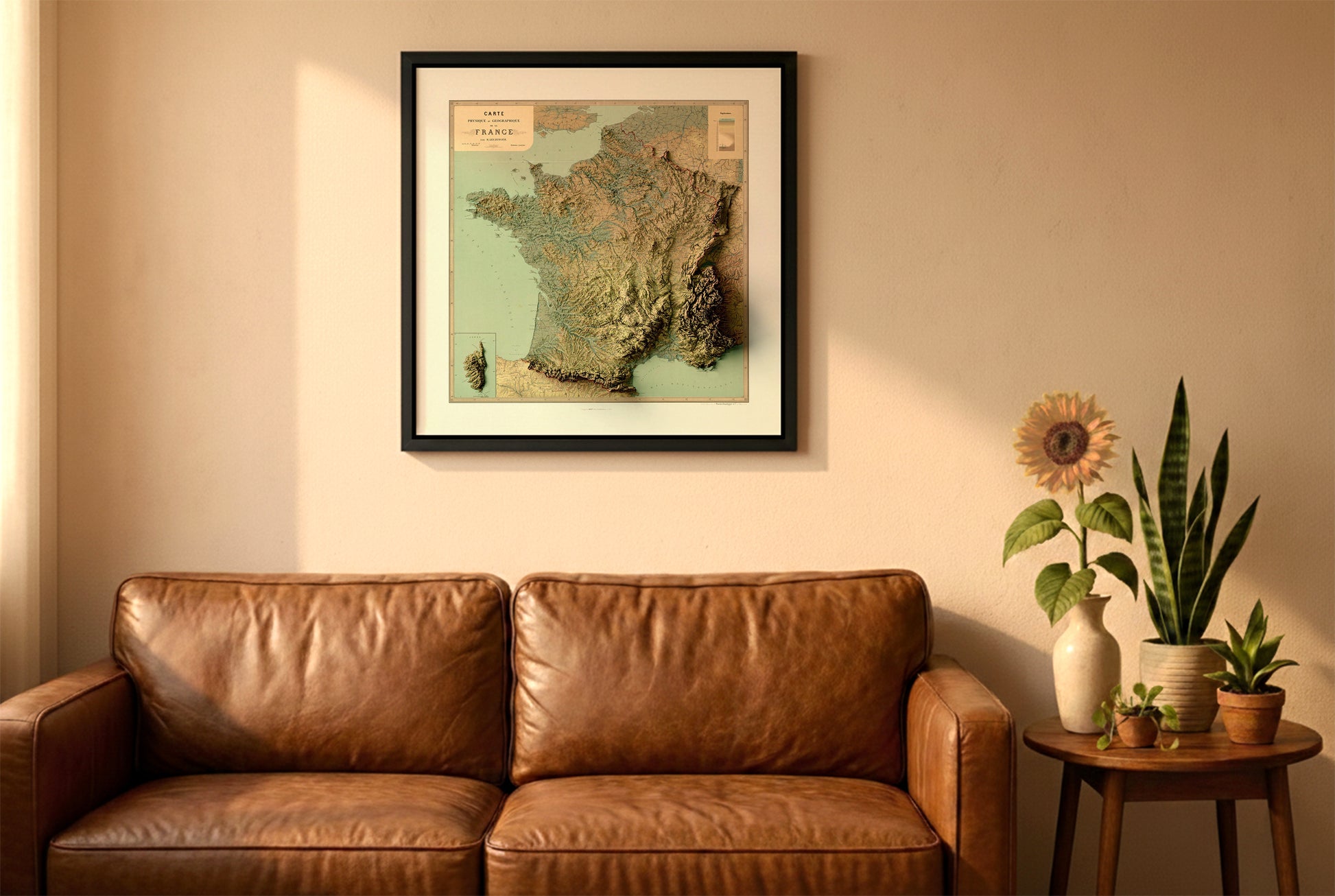 France vintage relief map in a black frame above a brown leather sofa. Boho living room with warm sunlight, sunflower, and indoor plants on a wooden side table