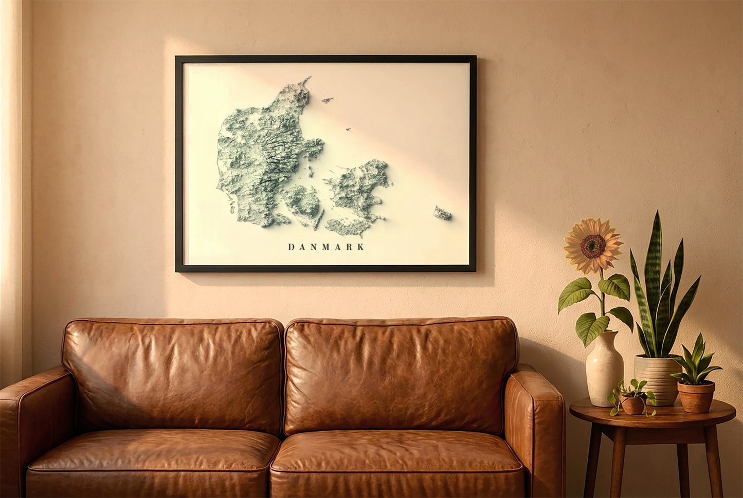 Denmark relief map in a black frame above a brown leather sofa. Boho living room with warm sunlight, sunflower, and indoor plants on a wooden side table