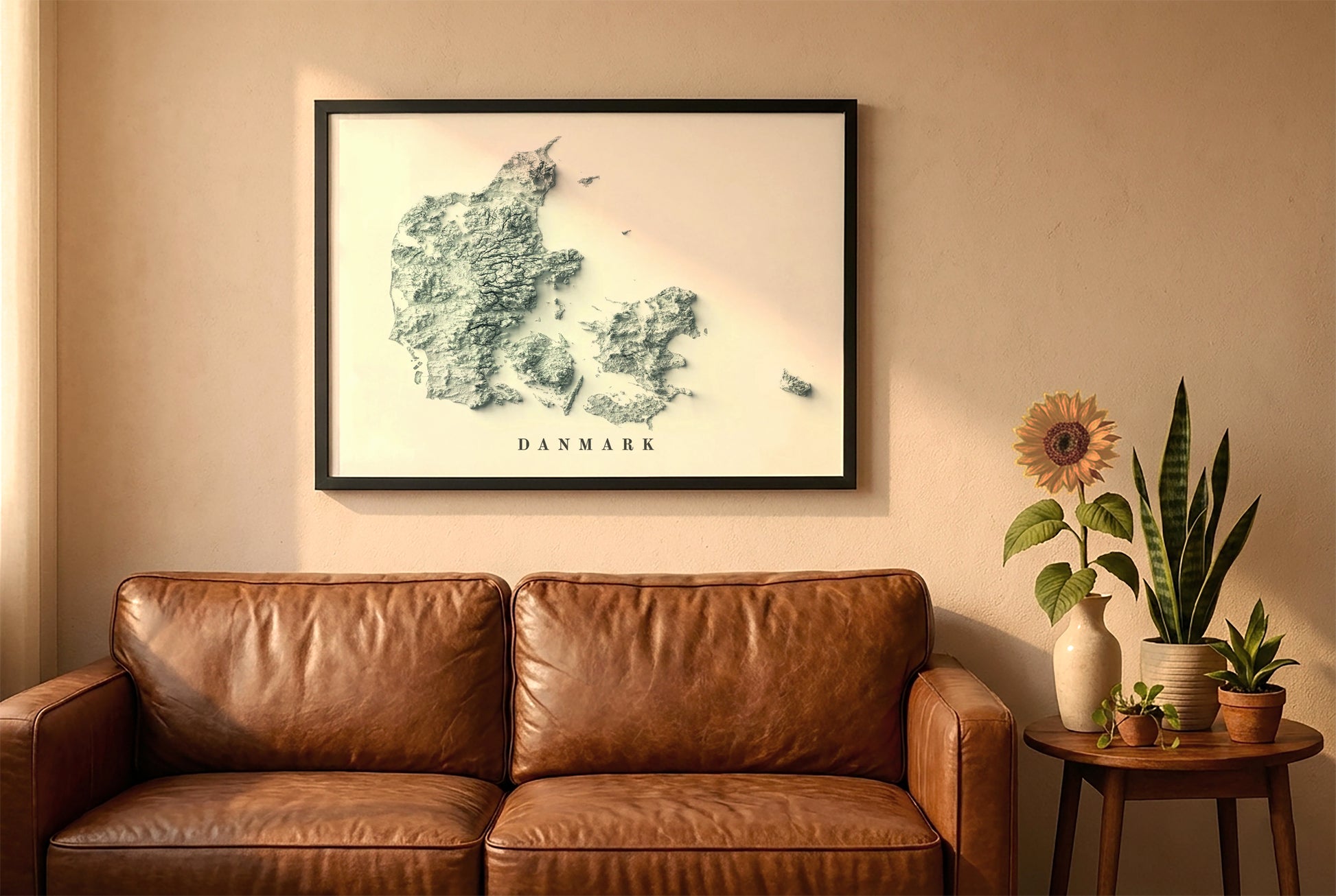 Denmark relief map in a black frame above a brown leather sofa. Boho living room with warm sunlight, sunflower, and indoor plants on a wooden side table