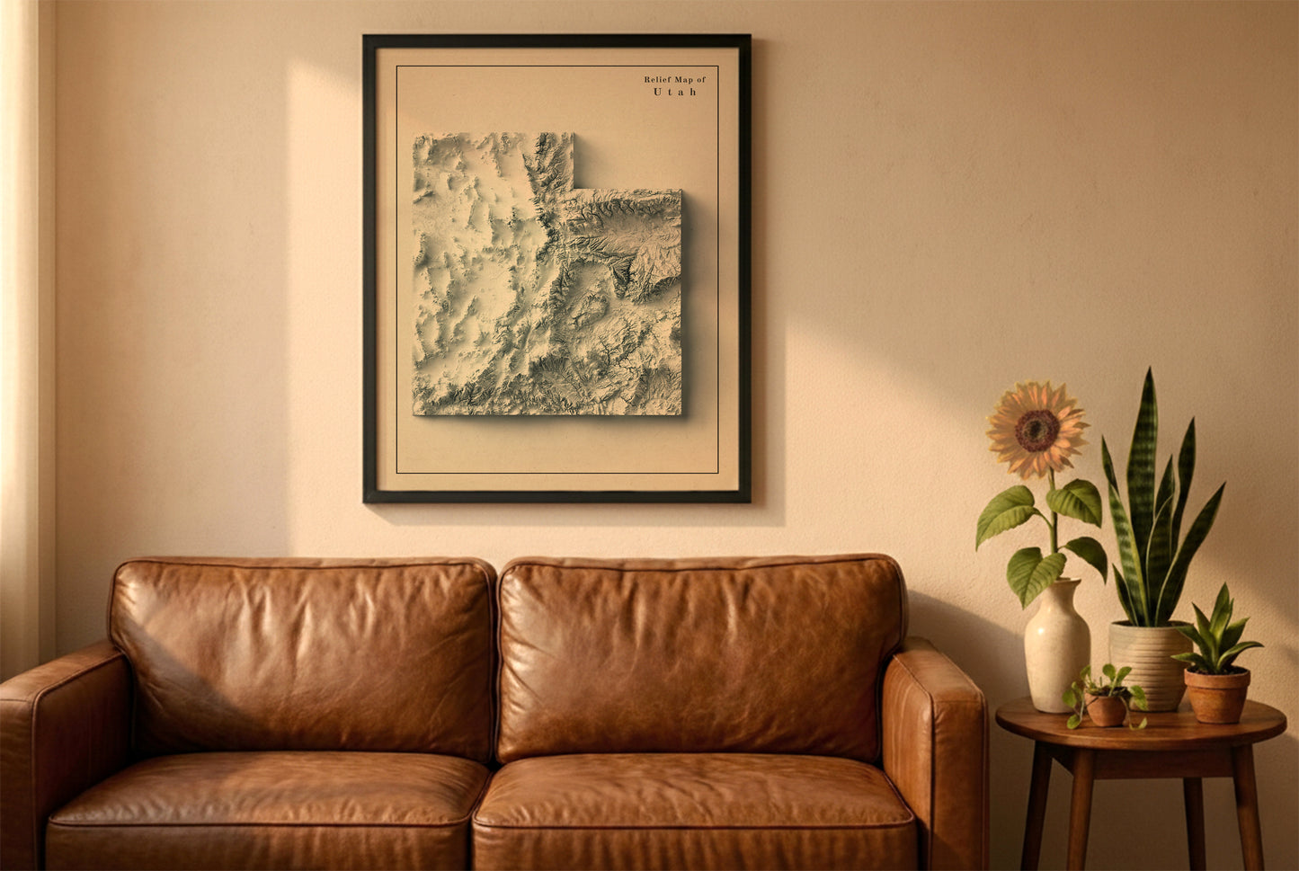 Utah vintage relief map in a black frame above a brown leather sofa. Boho living room with warm sunlight, sunflower, and indoor plants on a wooden side table