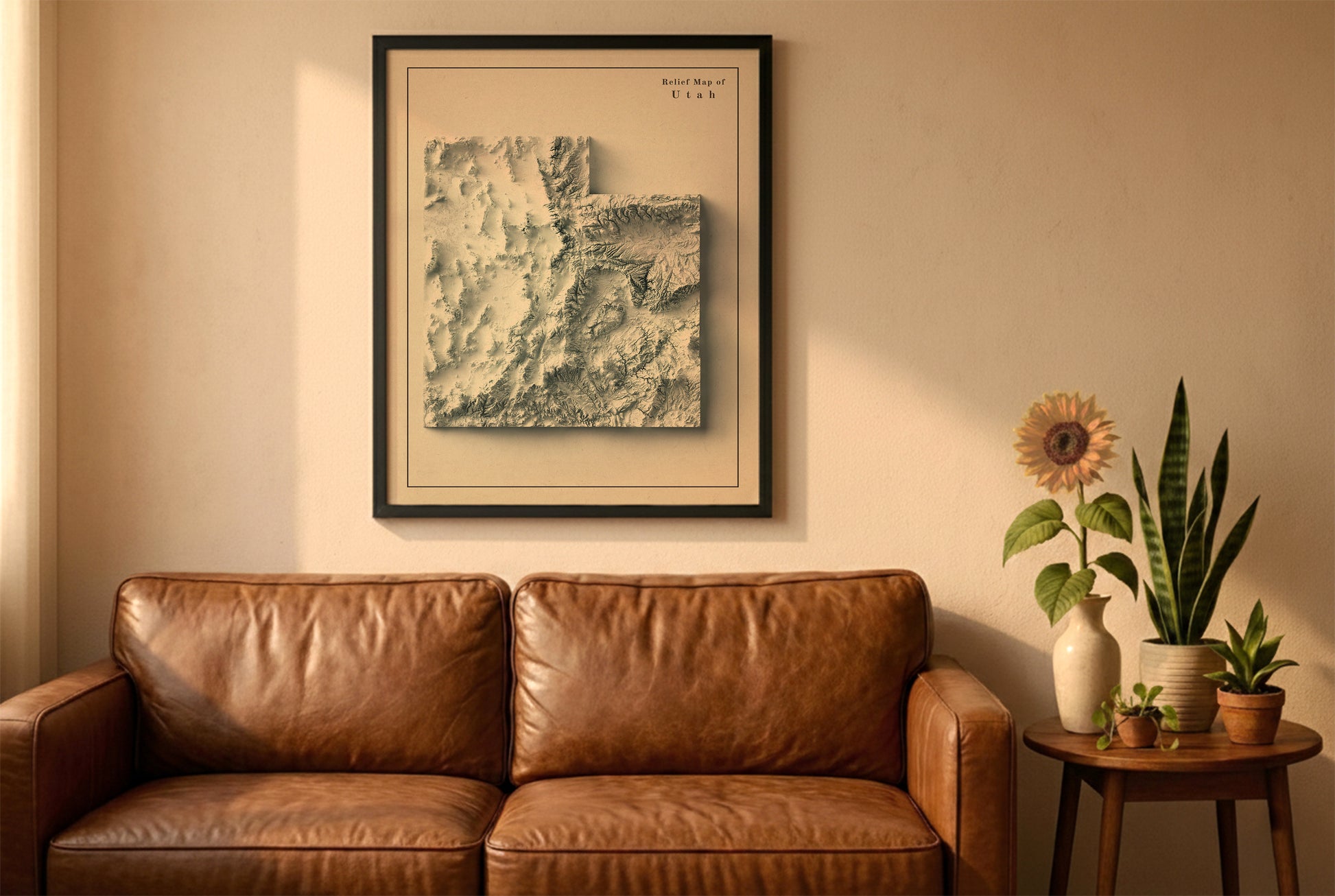 Utah vintage relief map in a black frame above a brown leather sofa. Boho living room with warm sunlight, sunflower, and indoor plants on a wooden side table