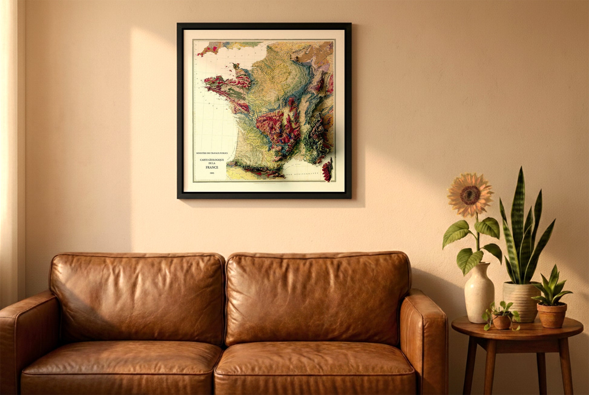 France vintage relief map in a black frame above a brown leather sofa. Boho living room with warm sunlight, sunflower, and indoor plants on a wooden side table